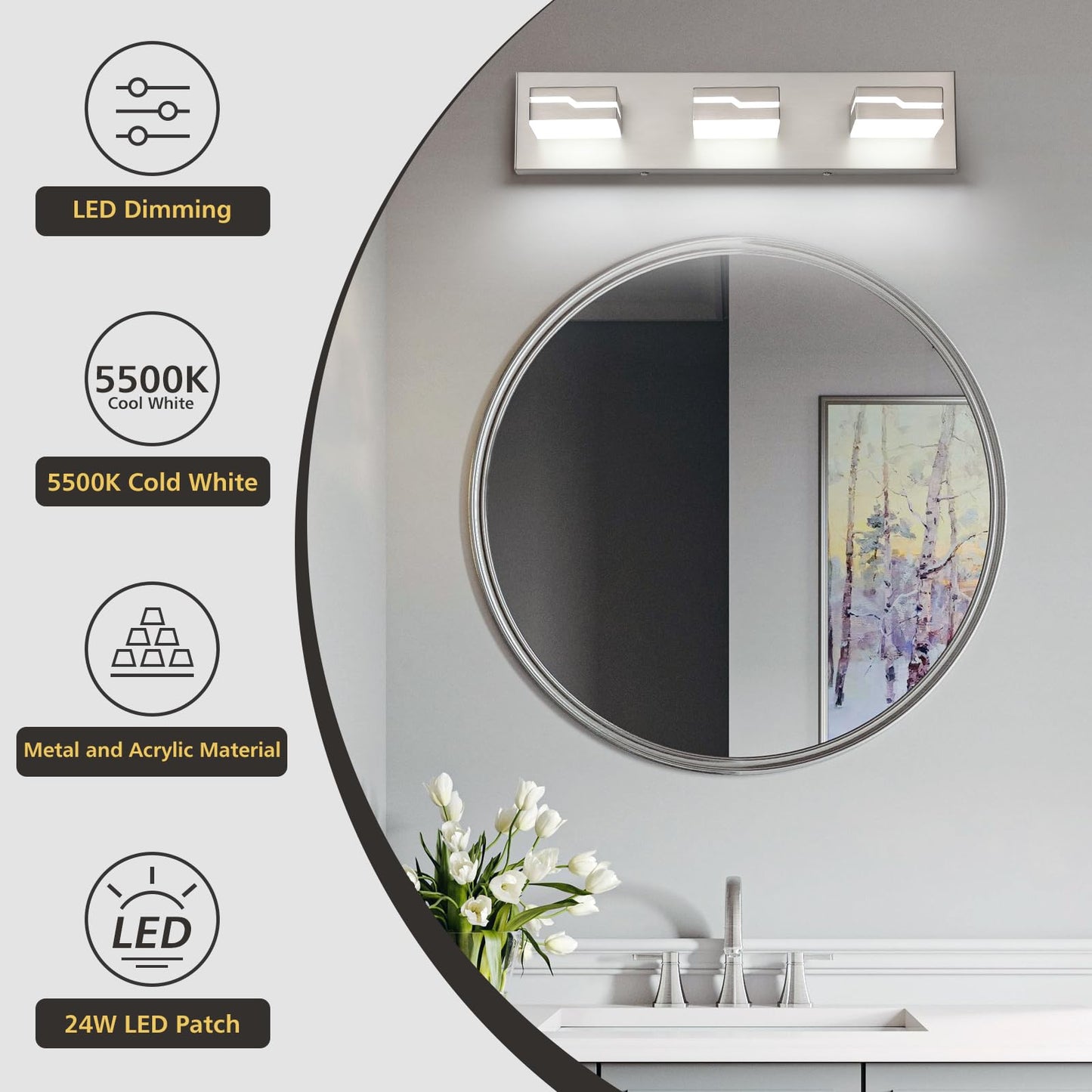 Merexcint LED Modern Bathroom Vanity Light Fixtures 3-Light, 19 inch Dimmable Nickel Vanity Lights for Bathroom Lighting Fixtures Over Mirror