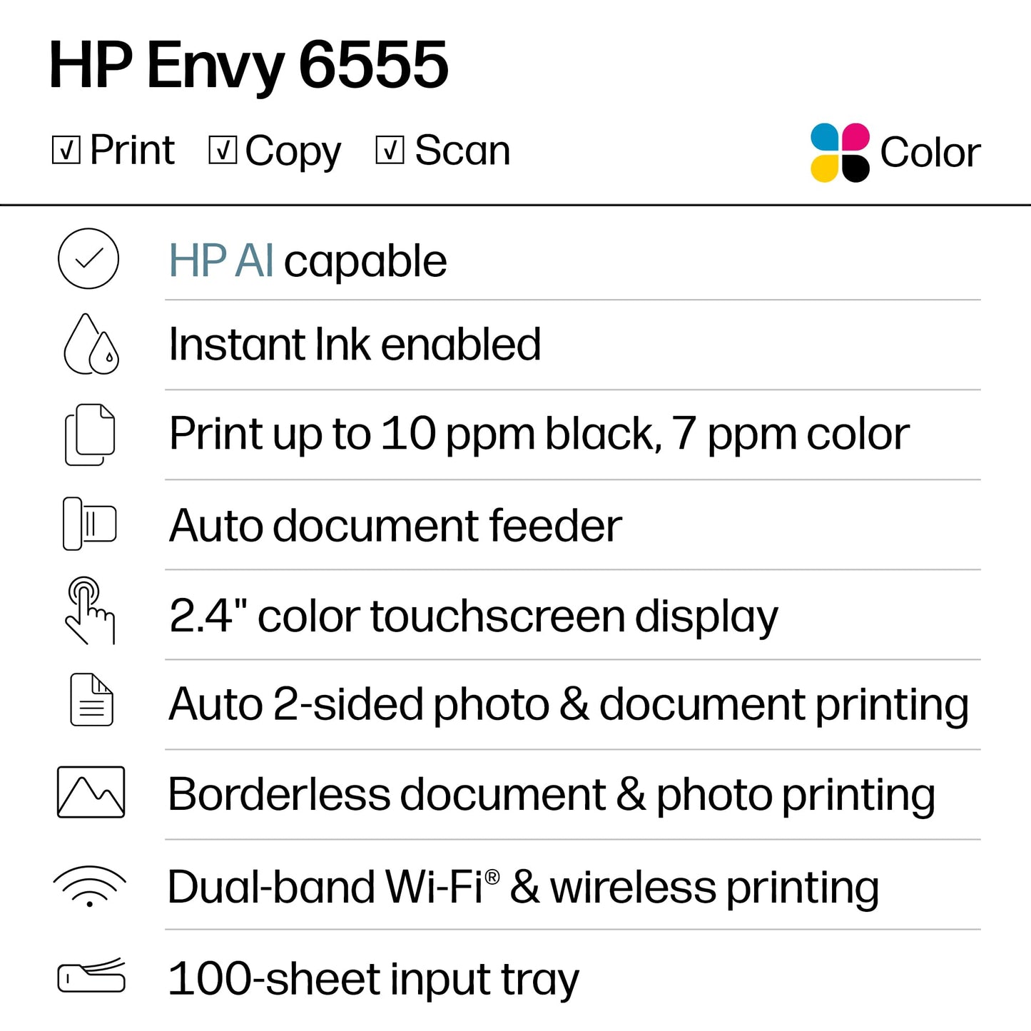 HP Envy 6555 Wireless All-in-One Color Inkjet Printer, Print, Scan, Copy, Duplex Printing Best-for-Home, 3 Month Trial of Instant Ink Included