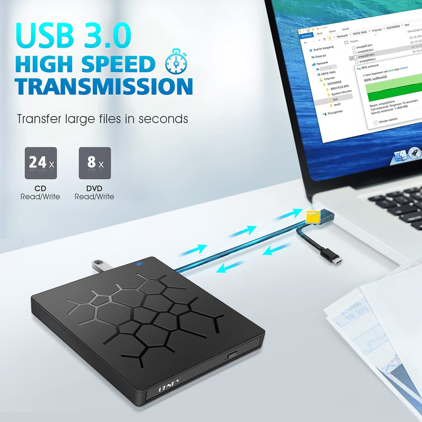 UHNDY External DVD Drive, USB 3.0 CD DVD Burner for Laptop, Type-C CD/DVD ROM +/-RW Optical Disk Drive with 4 USB Ports and 2 SD Card Slots, Ultra