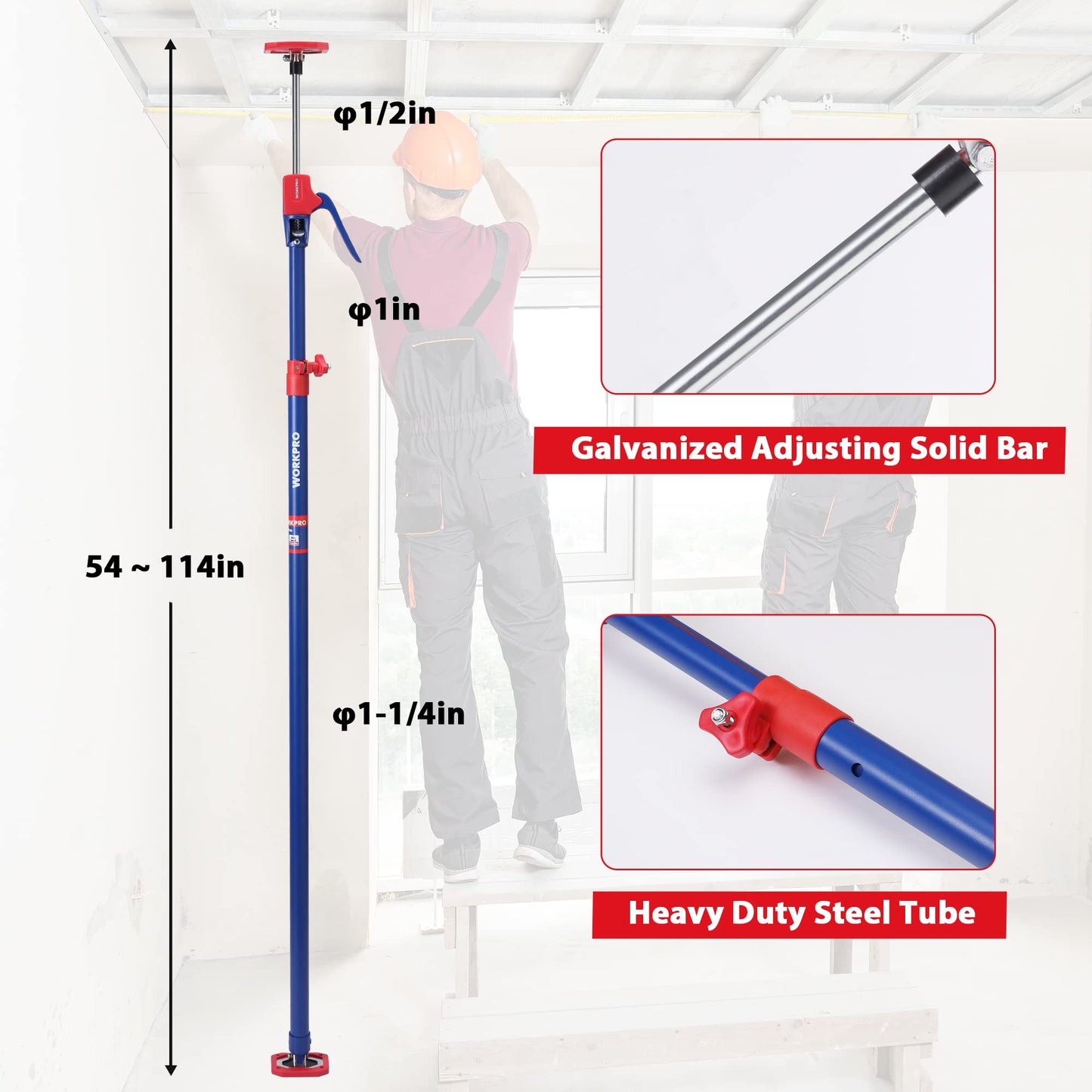 WORKPRO Cabinet Jack Support Pole, 54-114 Inches Steel Telescopic Quick Support Rod Adjustable 3rd Hand Support System with 154 lbs Capacity