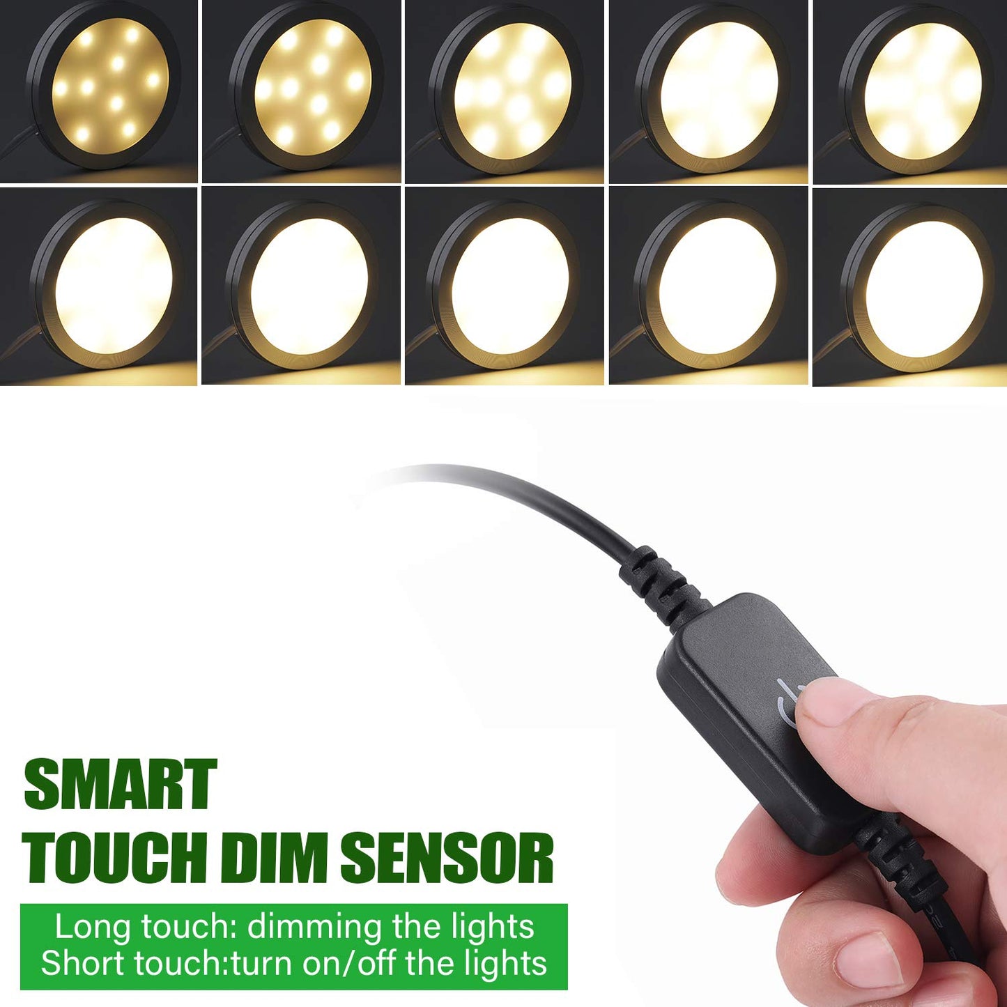 AIBOO LED Under Cabinet Puck Lights Kit with Touch Dimming Switch for Accent Display in Cabinet Lighting (8 Lights,Warm White)