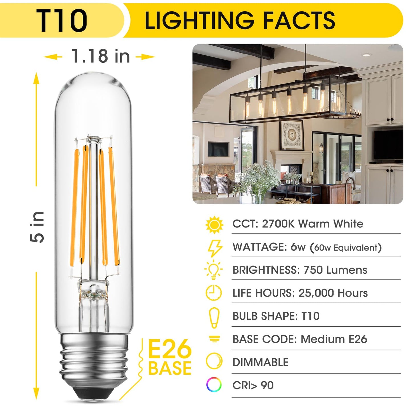 Gozelux Dimmable E26 Edison Bulb, AC120V Warm White 2700K Light Bulbs, 6W Equal 60 watt 750LM Tubular T10 LED for Rustic Pendant, Chandeliers, Wall