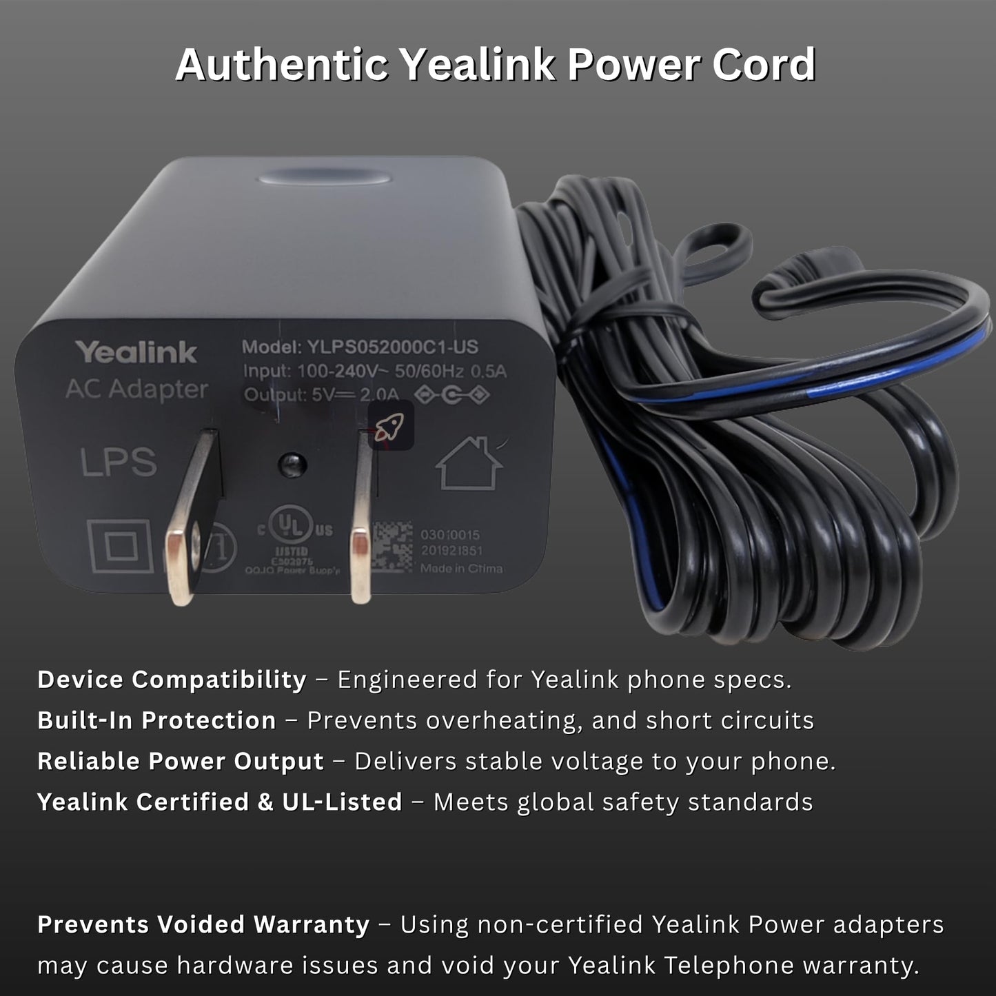 Yealink PS5V2000US Power Supply Adapter 5V 2A - Compatible with Yealink SIP Phones: T54W, T29G, T46S, T46U, T48S, T48U, T52S, T54S, T56A, T58V, T58A
