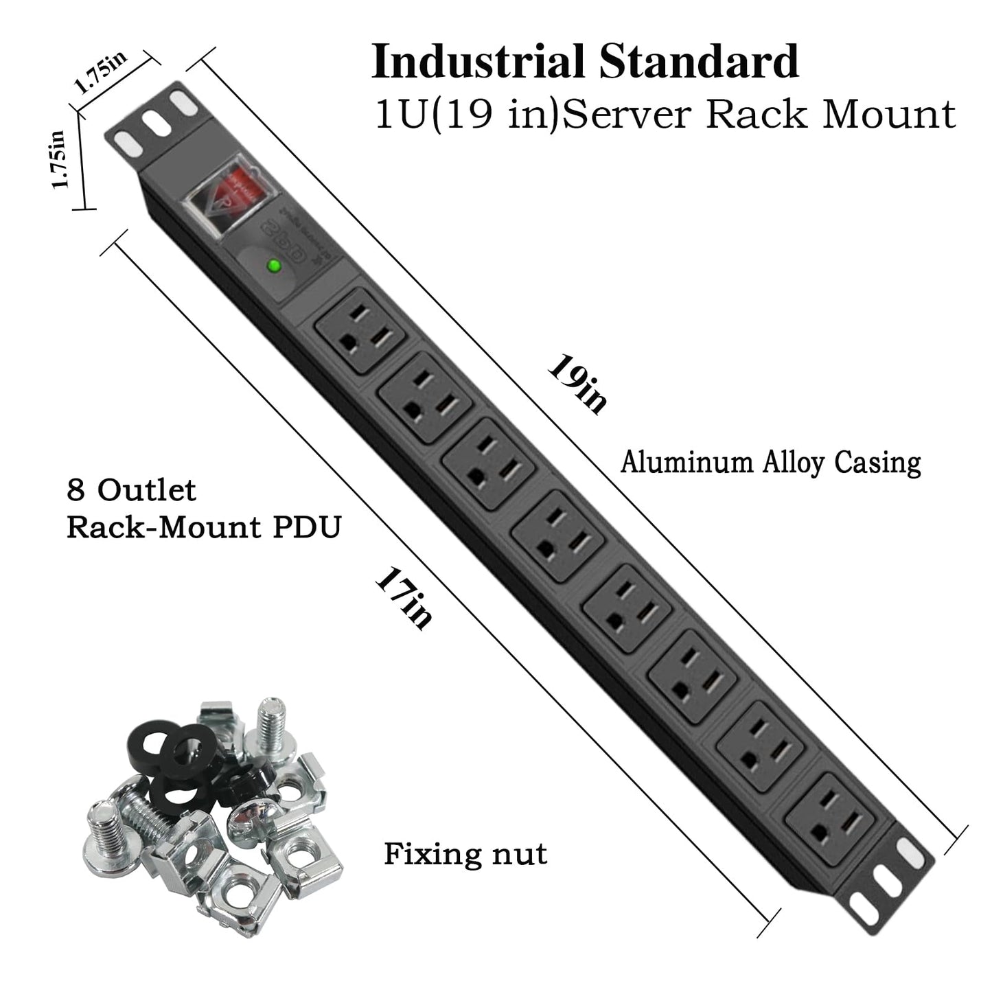 Surge Protector Power Strip 1U Rack Mount PDU,8 Wide-Spaced Outlet Extender, Mountable Heavy-Duty Electric 5.9 ft Extension Cord Strip for Server