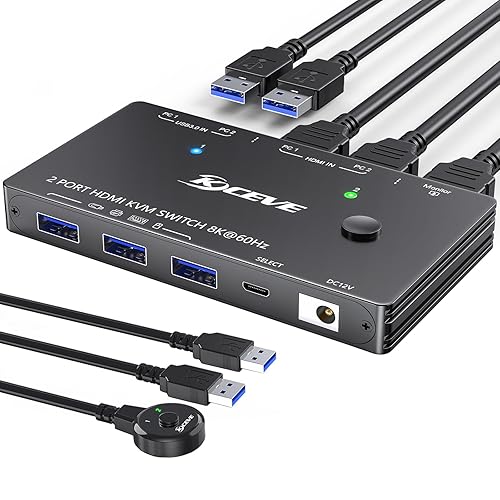 KVM Switch 8K@60Hz,HDMI KVM Switch for 2 Computers Sharing 1 Monitor and 3 USB3.0 Devices, Wired Remote Control and USB Cable Included