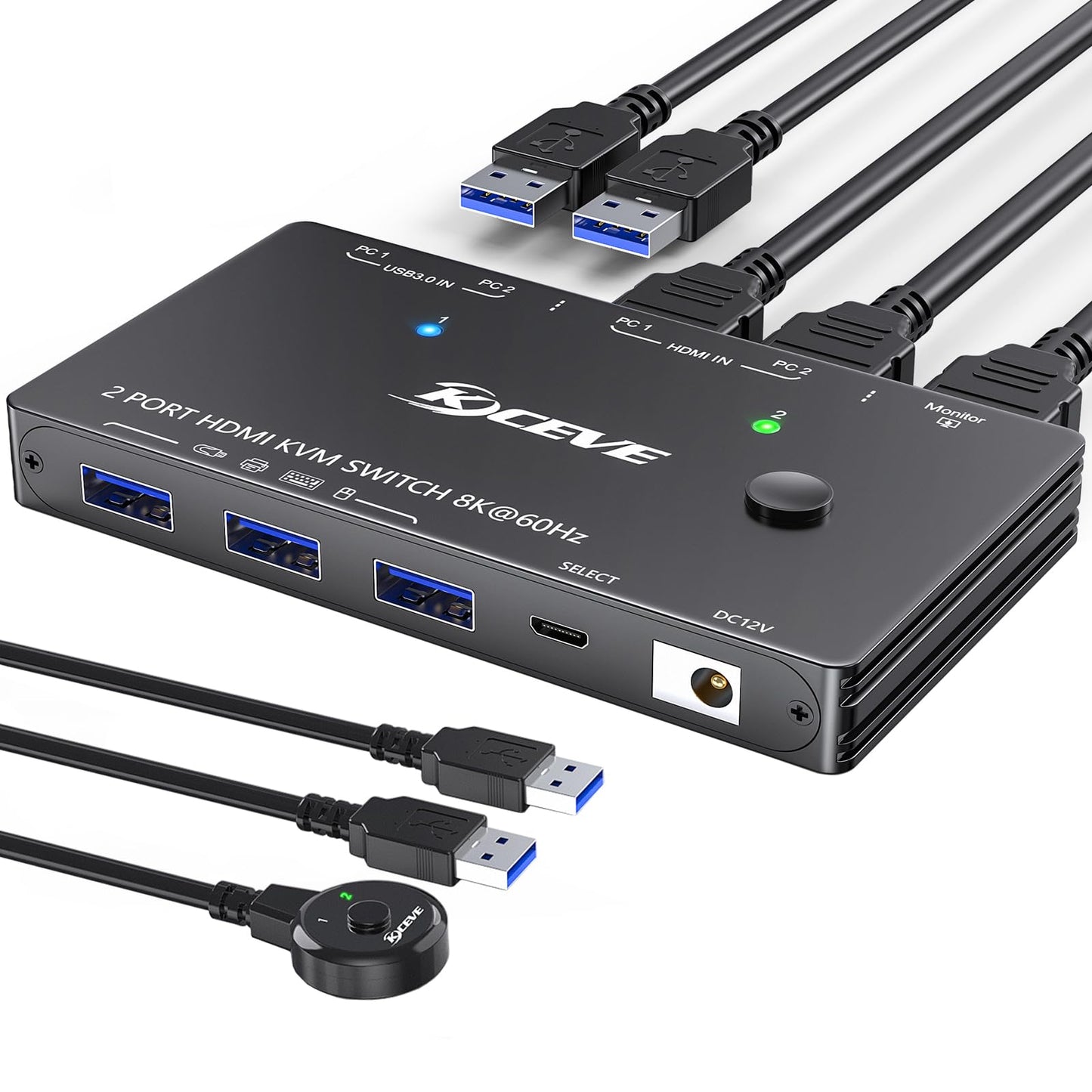 KVM Switch 8K@60Hz,HDMI KVM Switch for 2 Computers Sharing 1 Monitor and 3 USB3.0 Devices, Wired Remote Control and USB Cable Included