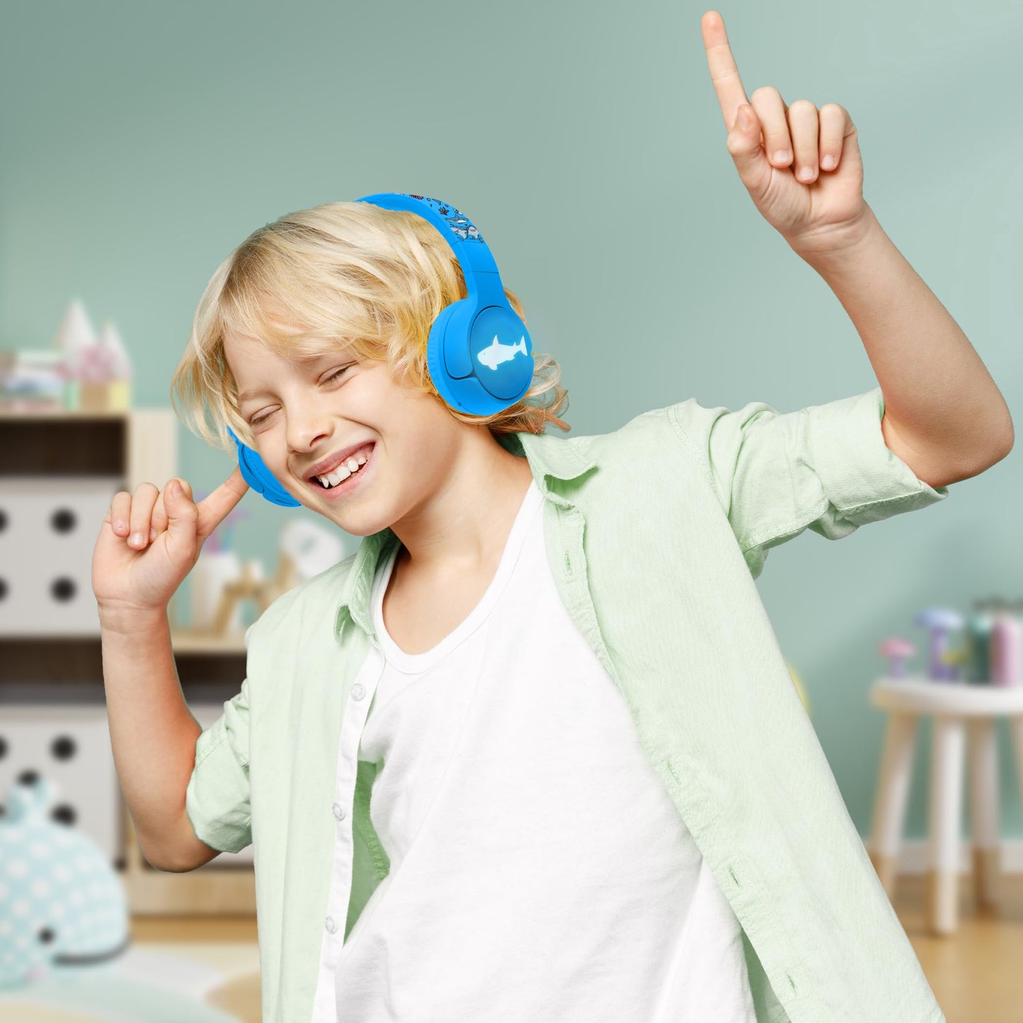 Kids Safe Wireless Light Up Headphones, Foldable Tangle-Free 3.5mm Jack, Volume Limiting 85/94dB, Over-Ear with Microphone