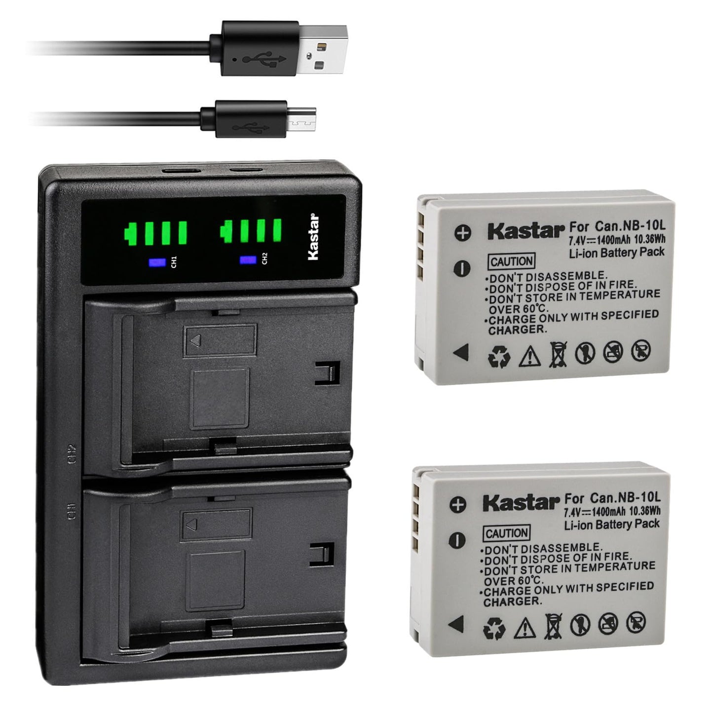 Kastar Battery (X2) & Dual USB Charger for Canon NB-10L, NB10L and PowerShot SX40 HS, SX50 HS, G1 X, G15, G16 Digital Cameras