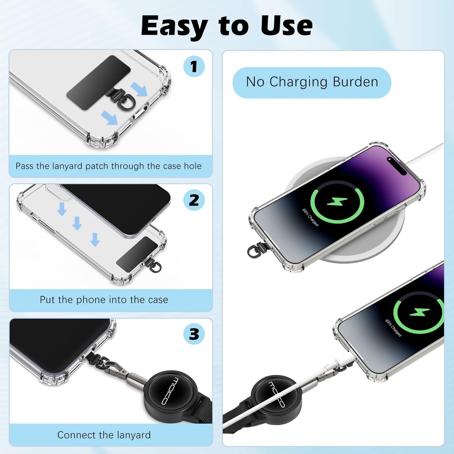 MoKo Anti-theft Phone Tether, Phone Lanyard Retractable Steel Line Cellphone Strap with Locking Carabiner and Metal 360° Tether Tab for Outdoor Skiing