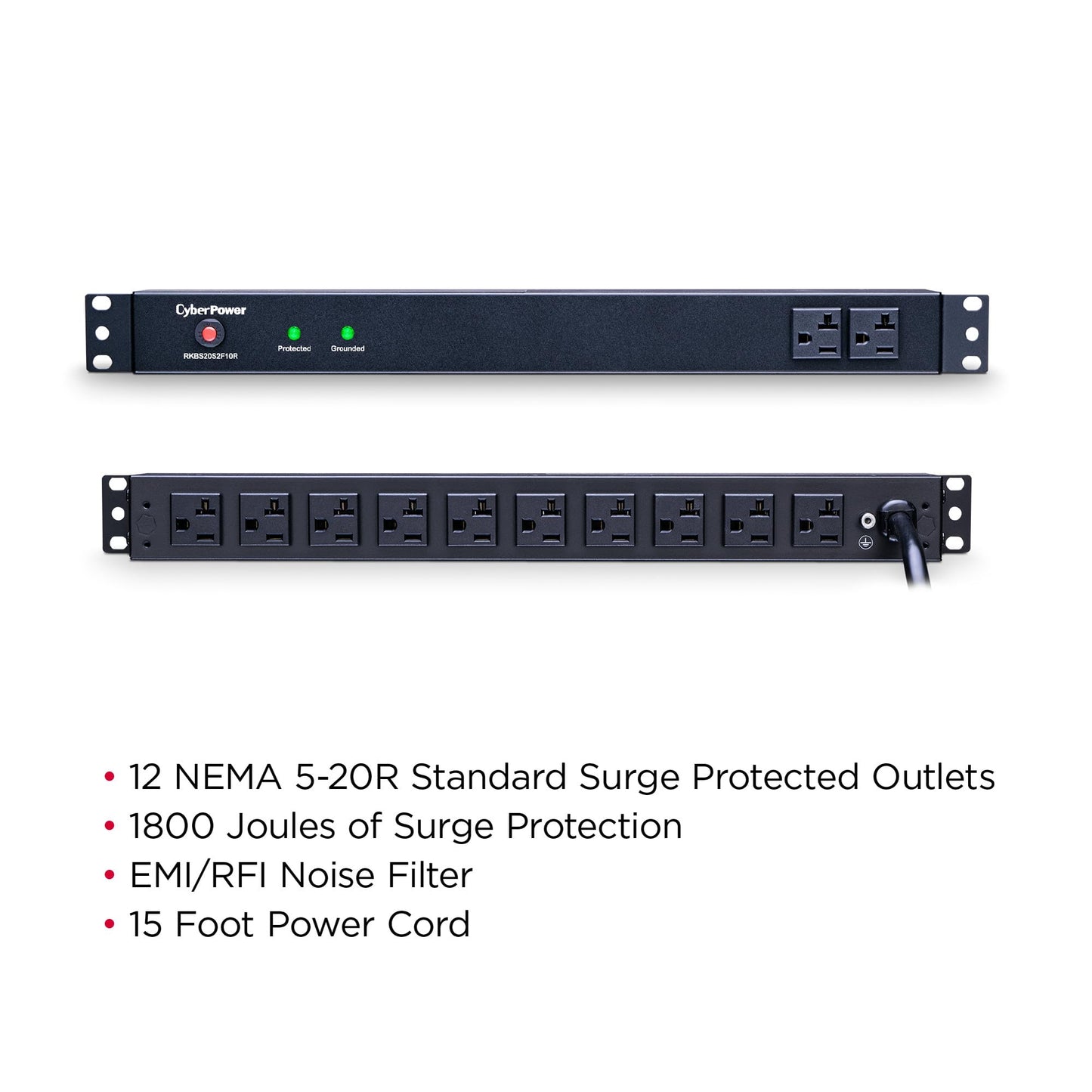 CyberPower RKBS20S2F10R Rackbar Surge Protector, 120V/20A, 12 Outlets, 15 Foot Power Cord, 1U Rackmount