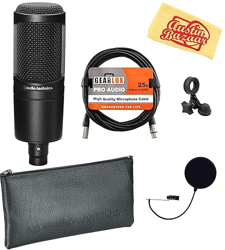 Audio-Technica AT2020 XLR Cardioid Condenser Microphone Bundle with Pop Filter, XLR Cable, and Austin Bazaar Polishing Cloth