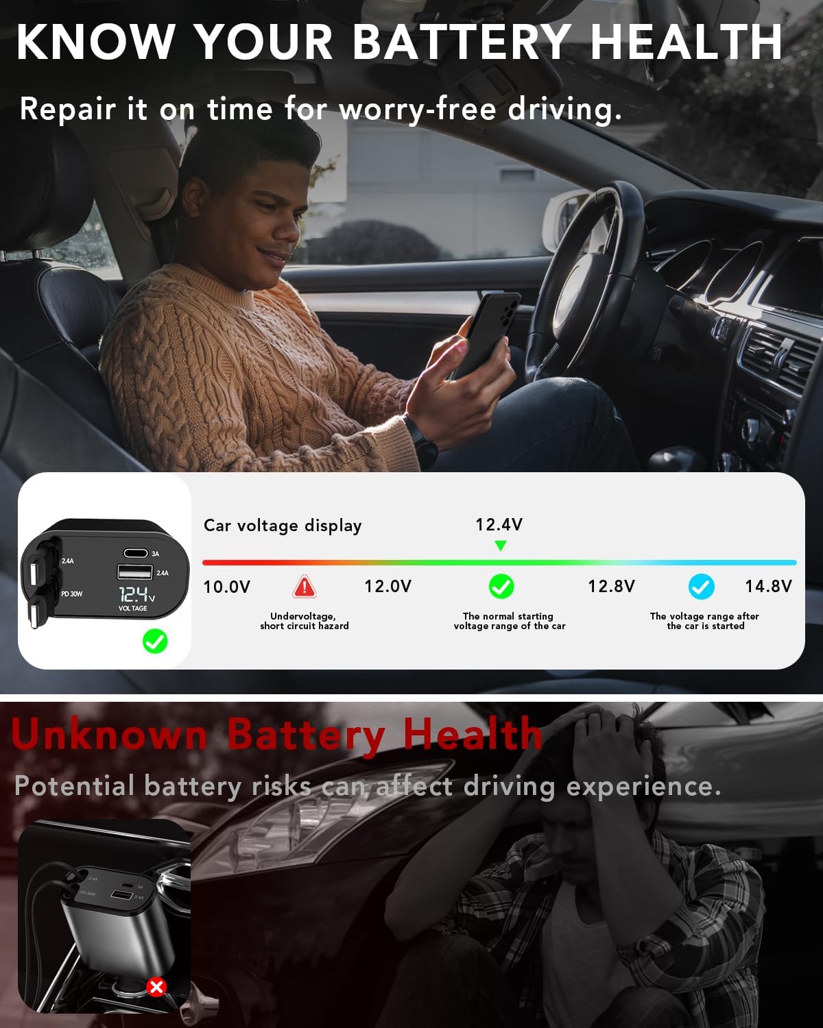 Retractable Car Charger, 4 in 1 Fast Charging 69W, Cigarette Lighter Adapter 2 Retractable iPhone Cables and USB Car Charger,Compatible with iPhone