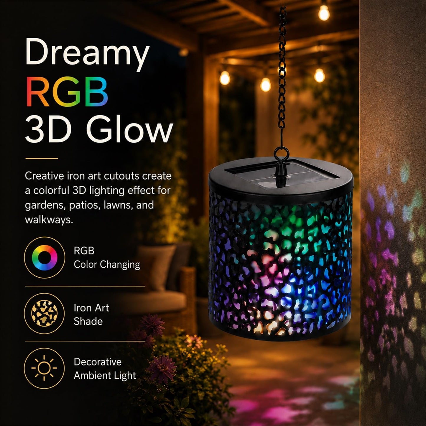 Hanging Solar Lights Outdoor Waterproof: RGB Hanging Lights with S Hooks Decor Iron Art Outdoor Solar Lantern in Garden, Pathway,Yard, Front Door