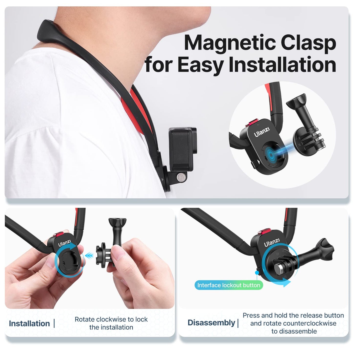 ULANZI Go-Quick II Neck Mount for GoPro Magnetic Necklace Holder, Camera POV Mount for GoPro Hero 13/12/11/10/9/8/7/6/5/4/MAX, AKASO, DJI Osmo Action