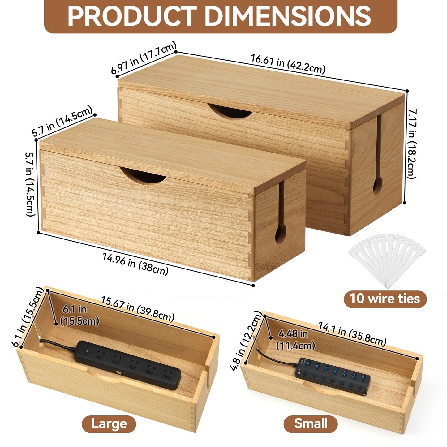 KIRIGEN Cable Management Box Wooden Cord Organizer Hide Power Strip Desk Wires Protector for Home Office TV Computer (DXH2T-NA)