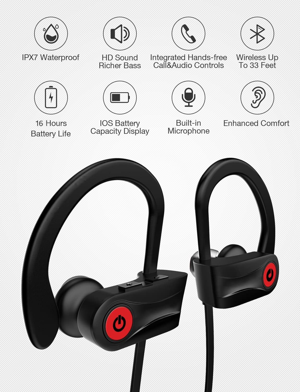 Otium Bluetooth Earbuds Wireless Headphones Bluetooth Headphones, Sports Earbuds, IPX7 Waterproof Stereo Earphones for Gym Running 15 Hours Playtime