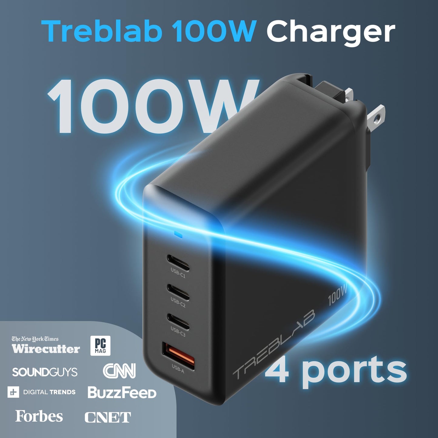 TREBLAB 100W Charger - 100W USB C Charger with Dual USB-C PD Ports, USB-A 30W Output, GaN Technology, Fast Charging Adapter with Wide Voltage Input
