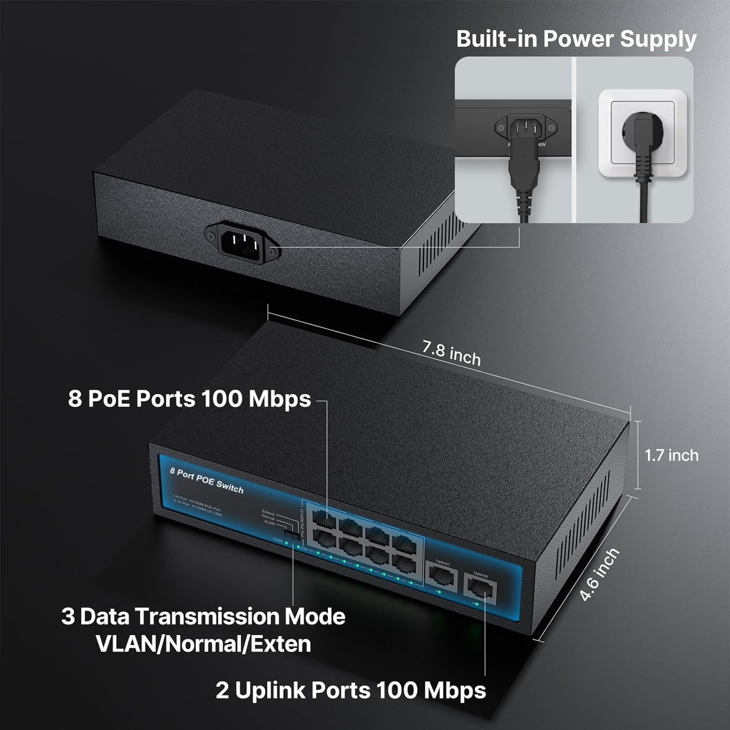 Real HD 10 Port PoE Switch, 8 Ports PoE+ 2 Uplink Unmanaged 100Mbps Switch, High Total Power Budget 120W, 802.3af/at Compliant, Work with IP Cameras