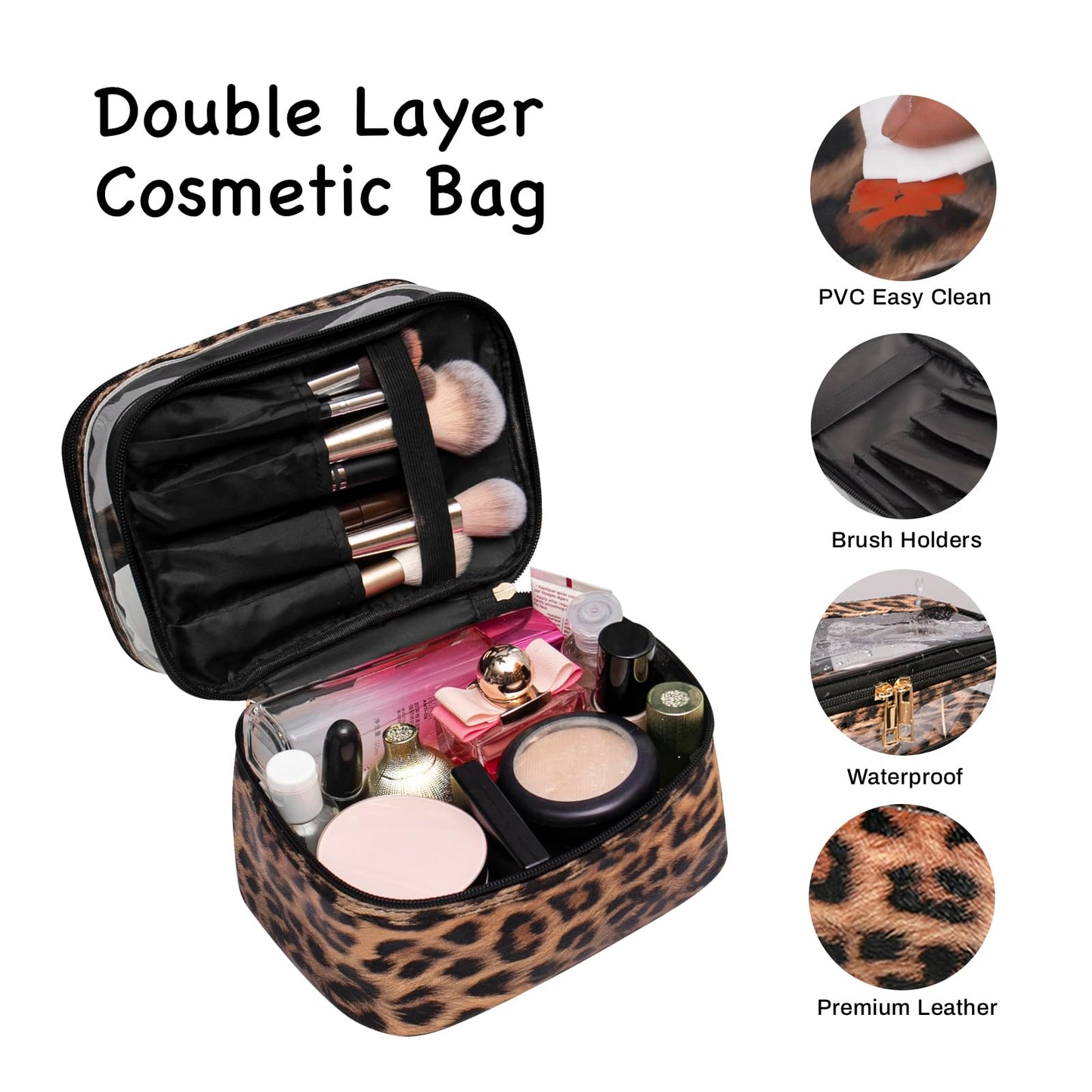 imerelez Double-Layer Cosmetic Bag – Portable Waterproof Travel Makeup Case for Women, Foldable Organizer Pouch (Leopard Print)