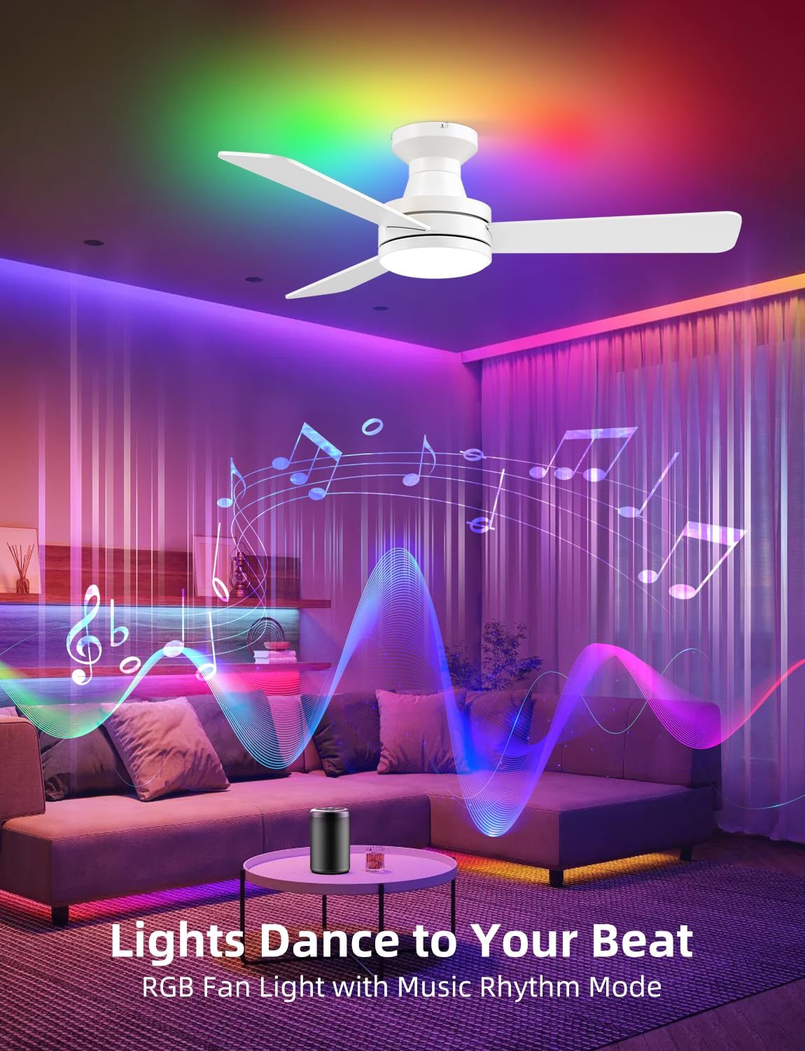Homlit 42 inch RGB Ceiling Fan with Light, Smart App & Remote Control Low Profile Flush Mount, Music Sync Lighting, 6-Speed Quiet Reversible DC Motor