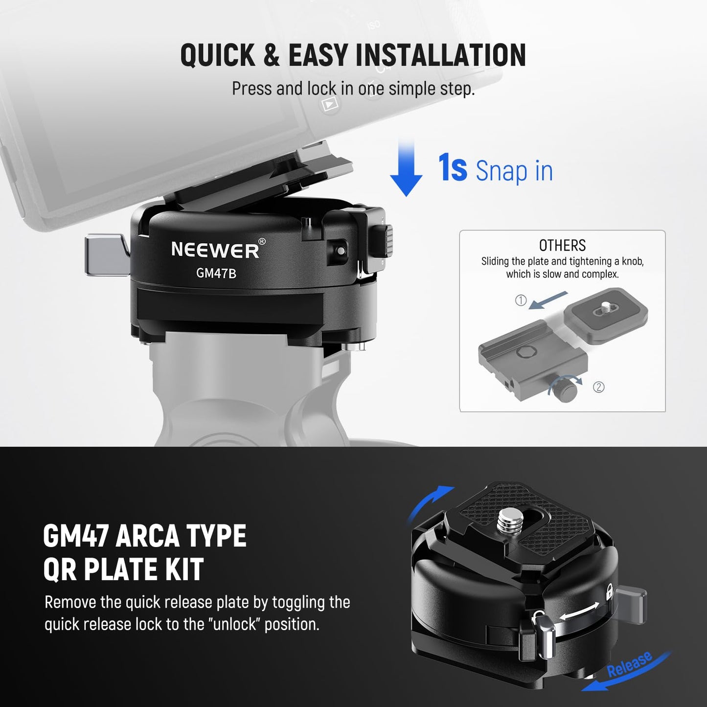 NEEWER GM47B Quick Release Plate Kit, Anti Twist Auto Lock Square QR Camera Tripod Mount Adapter & Clamp Base Compatible with DJI Ronin RS 4 Pro RS 3