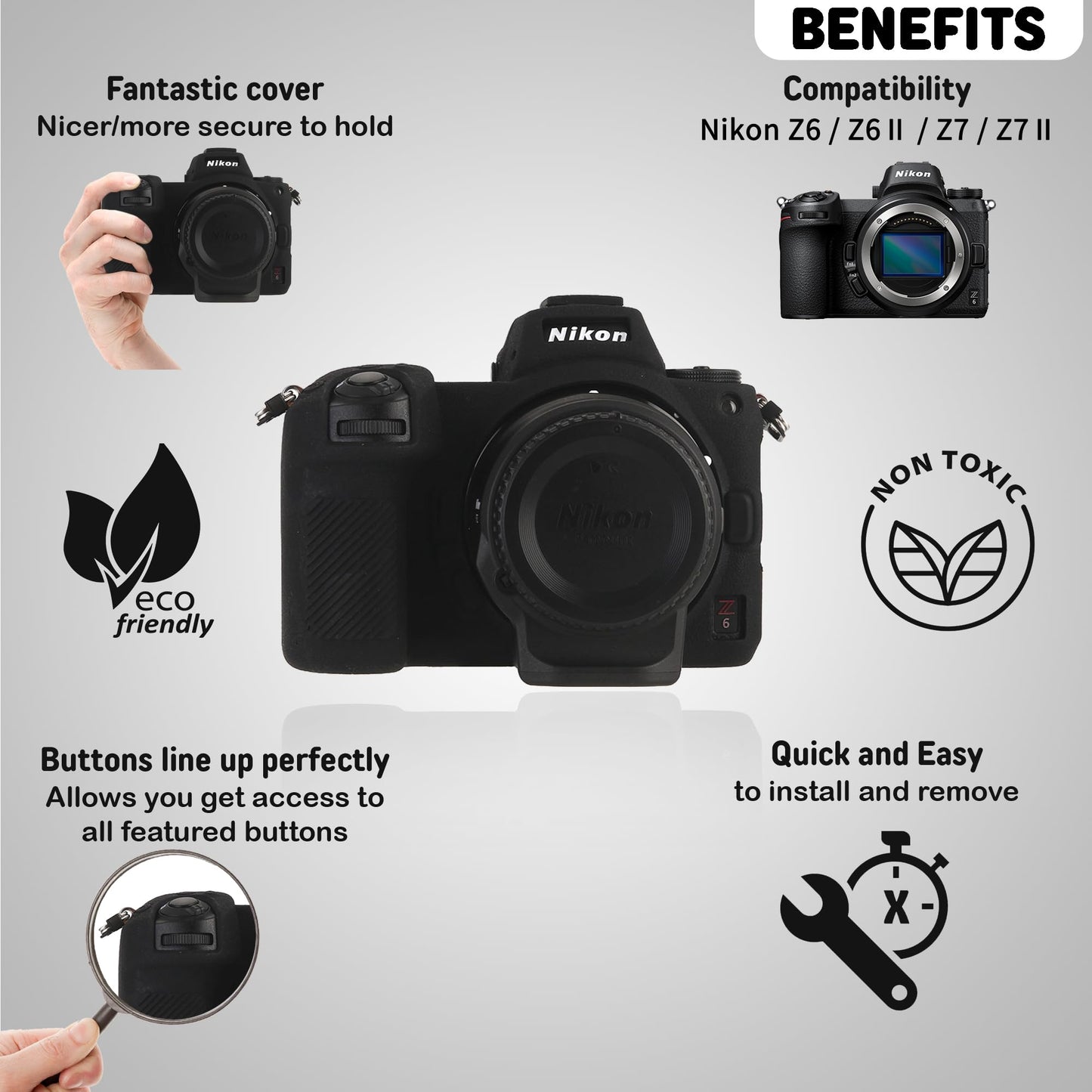STSEETOP Camera Case for Nikon Z6 Z6II Z7 Z7II - Protective Silicone DSLR Skin Cover, Detachable Cage, Shockproof, Dustproof (Black)