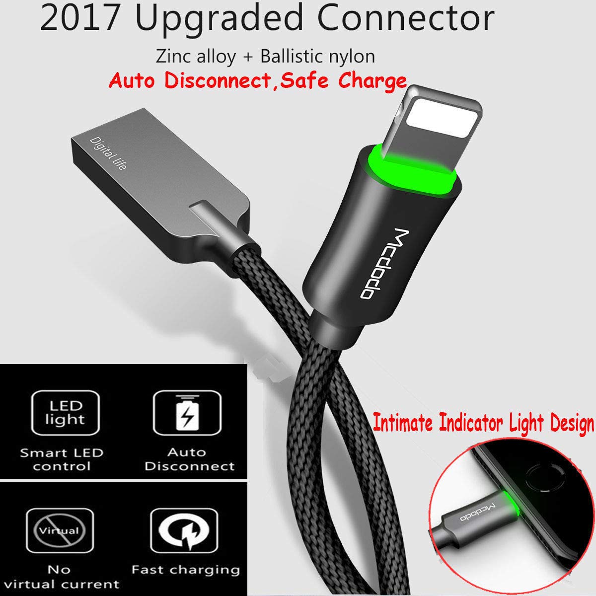 mcdodo (3 Pack + iPhone Bag) Upgraded Power Off Smart LED Auto Disconnect Nylon Braided Sync Charge USB Data 6FT/1.8M Cable Compatible Phone/Pad…