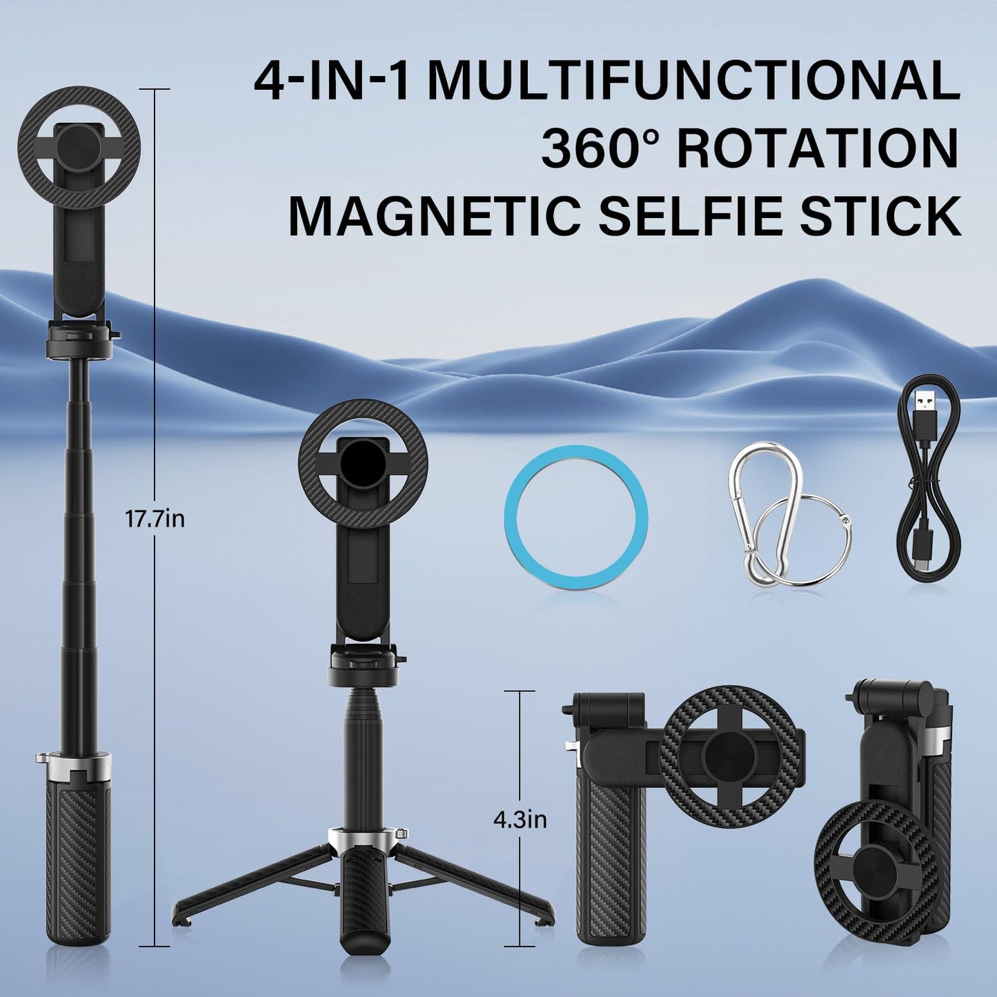 NKDFRI Opticnock 4-in-1 Magnetic Selfie Stick for iPhone/Android - 360° Rotatable, Extendable with Wireless Remote | Pocket Size | Includes Phone Ring