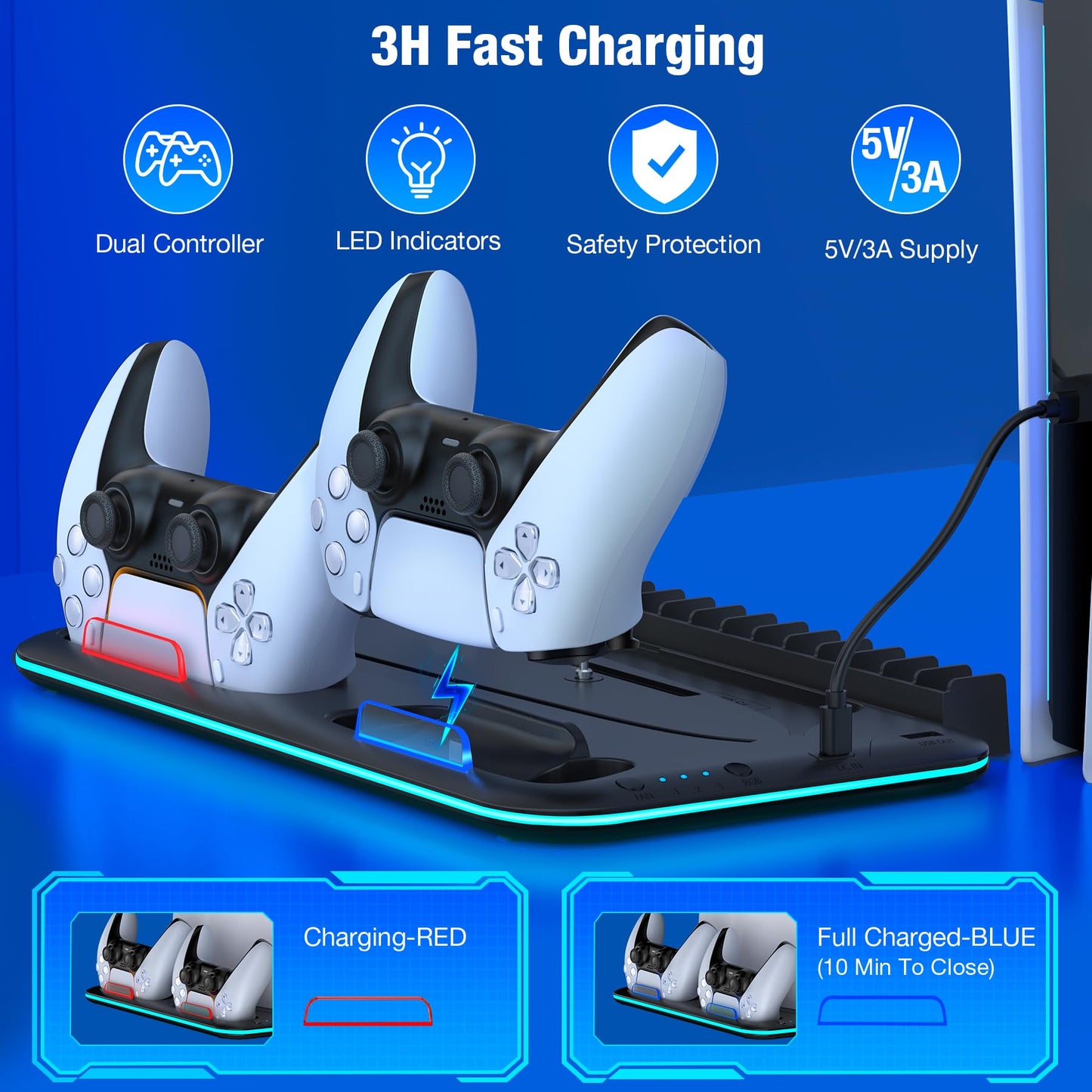 EUROA PS5/Slim/Pro Stand and Cooling Station with Controller Charging Station for PlayStation 5 Slim/Pro Console, PS5 Controller Charger, Cooling