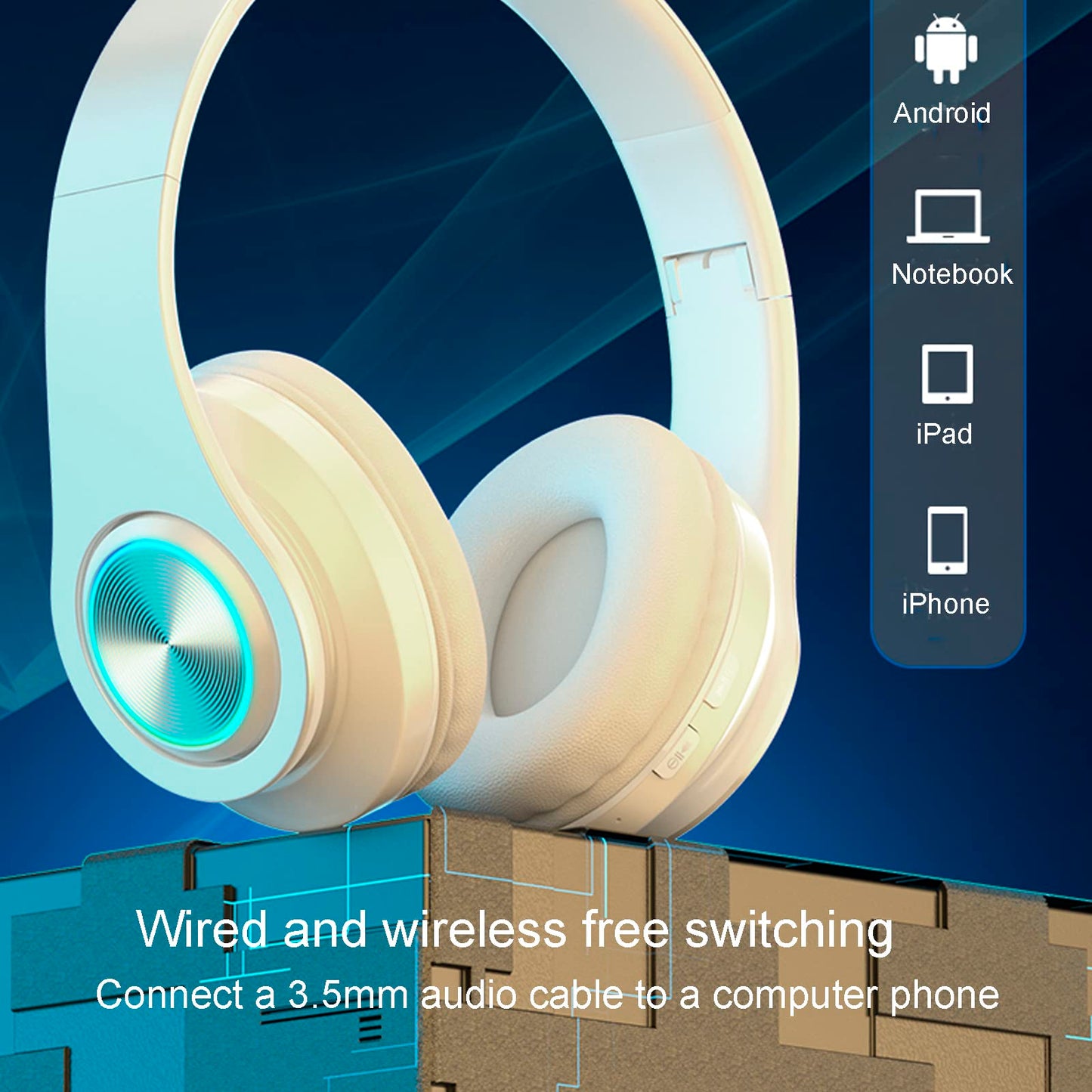 ESSGUO Over Ear Kids Bluetooth Headphones, Colorful LED Lights Headphones with Built-in Mic, Wired & Wireless Lightweight Foldable HiFi Stereo Headset