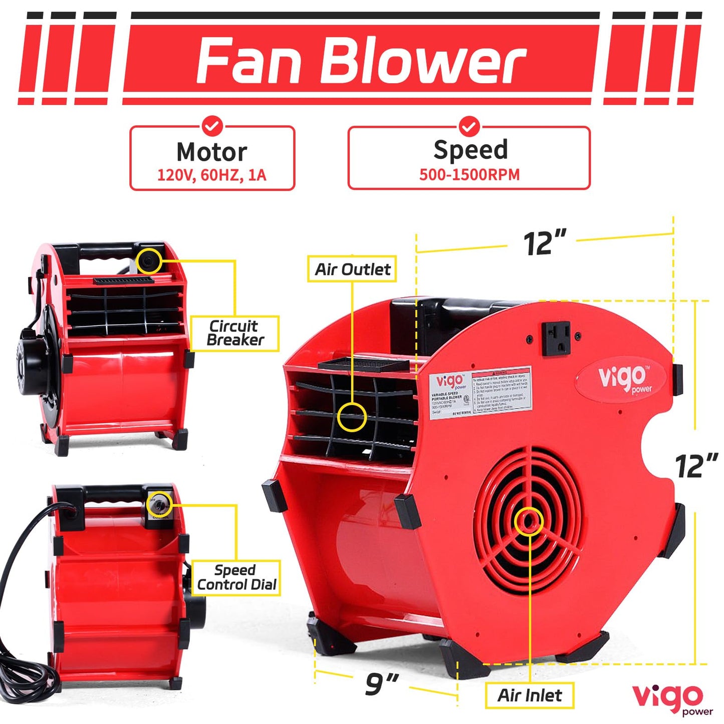 VIGO POWER 300 CFM Air Mover Fan, Car Dryer Blower & Carpet Dryer, Red