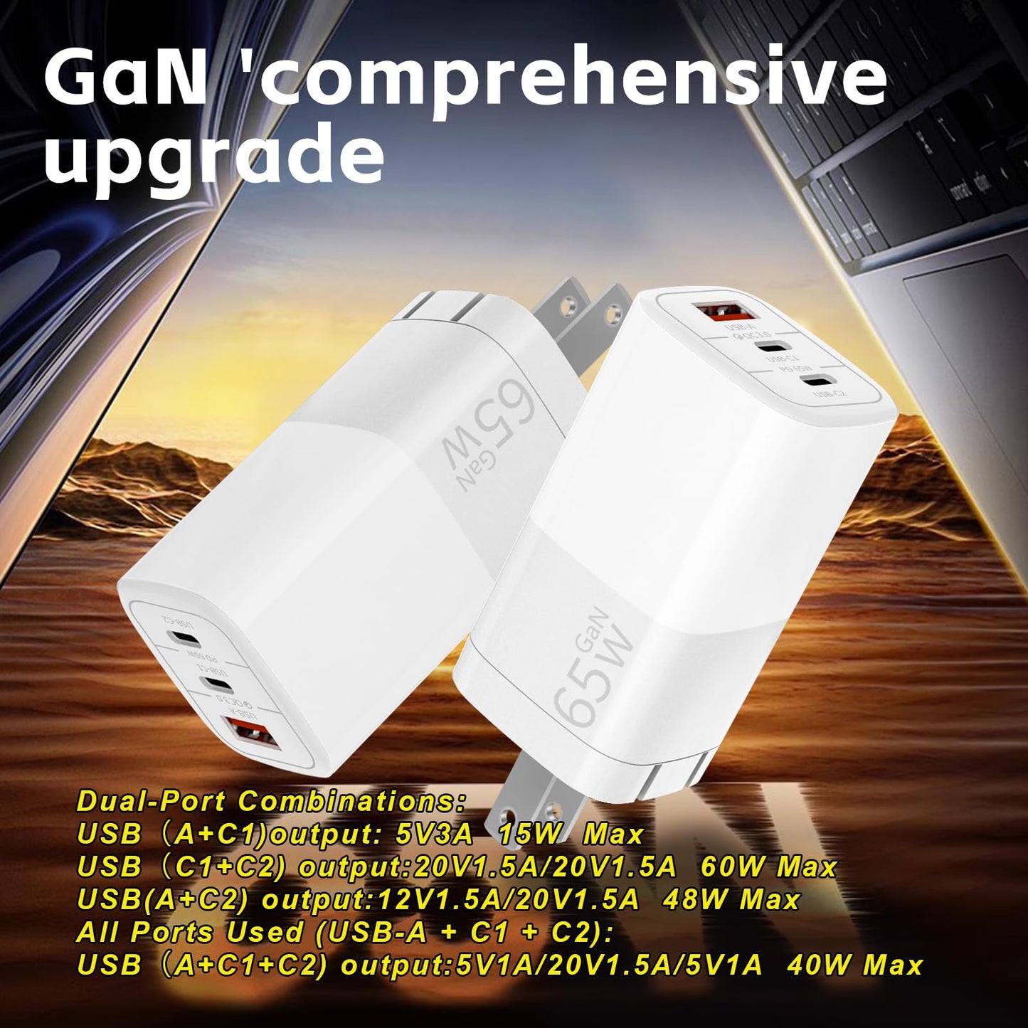 Okjew 65W GaN Fast Charger, 3-Port USB C PD Power Adapter (2×USB-C + 1×USB-A) - Compact & Foldable for MacBook Pro/Air, iPhone 16, iPad, Galaxy S25