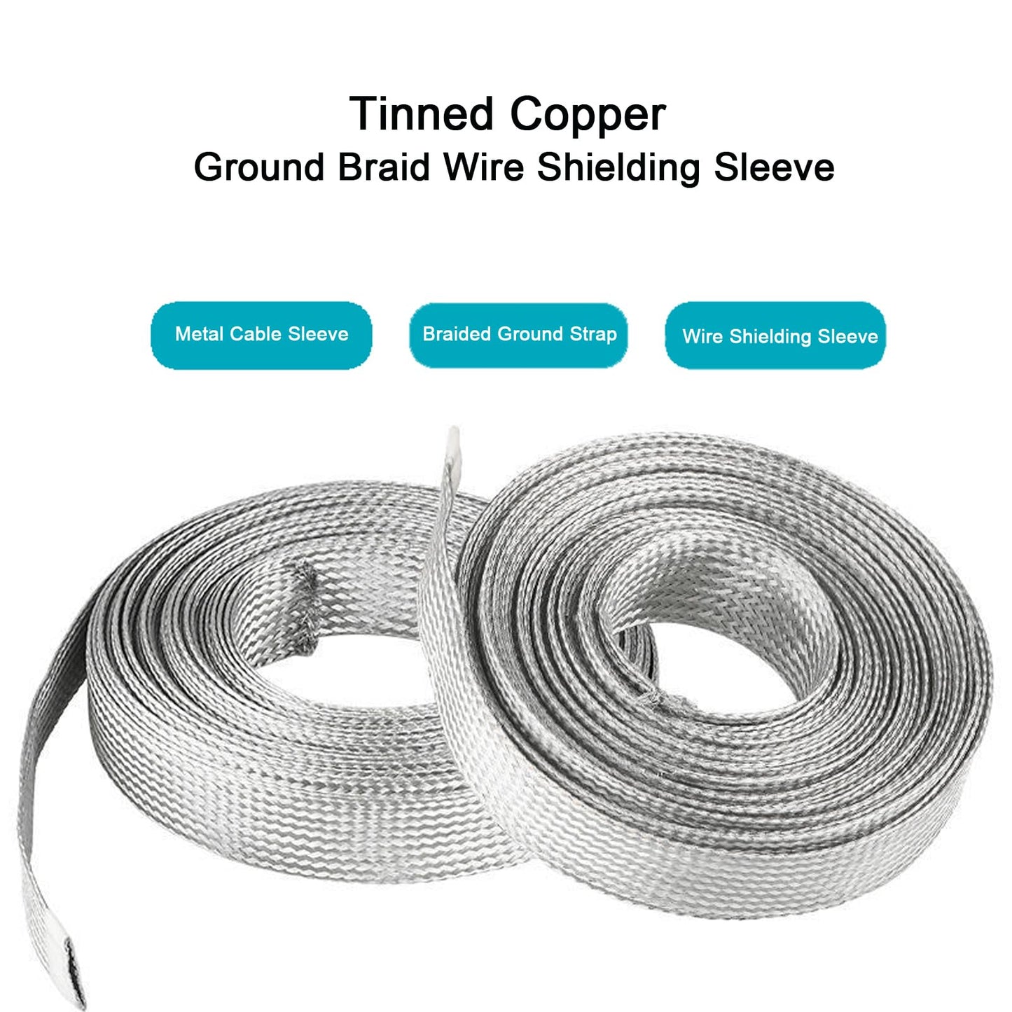 Kokey-xy Tinned Copper Braided Cable Shielding Sleeve Metal Wire Loom Sheathing EMI RFI ESD Protector Grounding Mesh Flat Tubular Expandable 5/8"