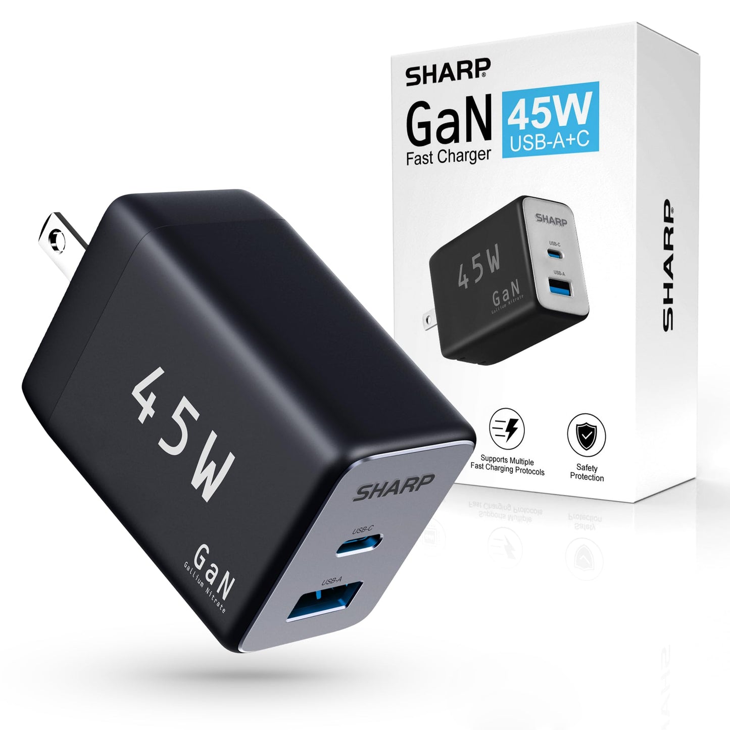 Sharp USB C Charger, 45W, 2 Port (USB A+C) Compact Foldable GaN Fast Charge for iPhone 15/15 Plus/15 Pro/15 Pro Max/14, Galaxy, Pixel 4/3, iPad/iPad