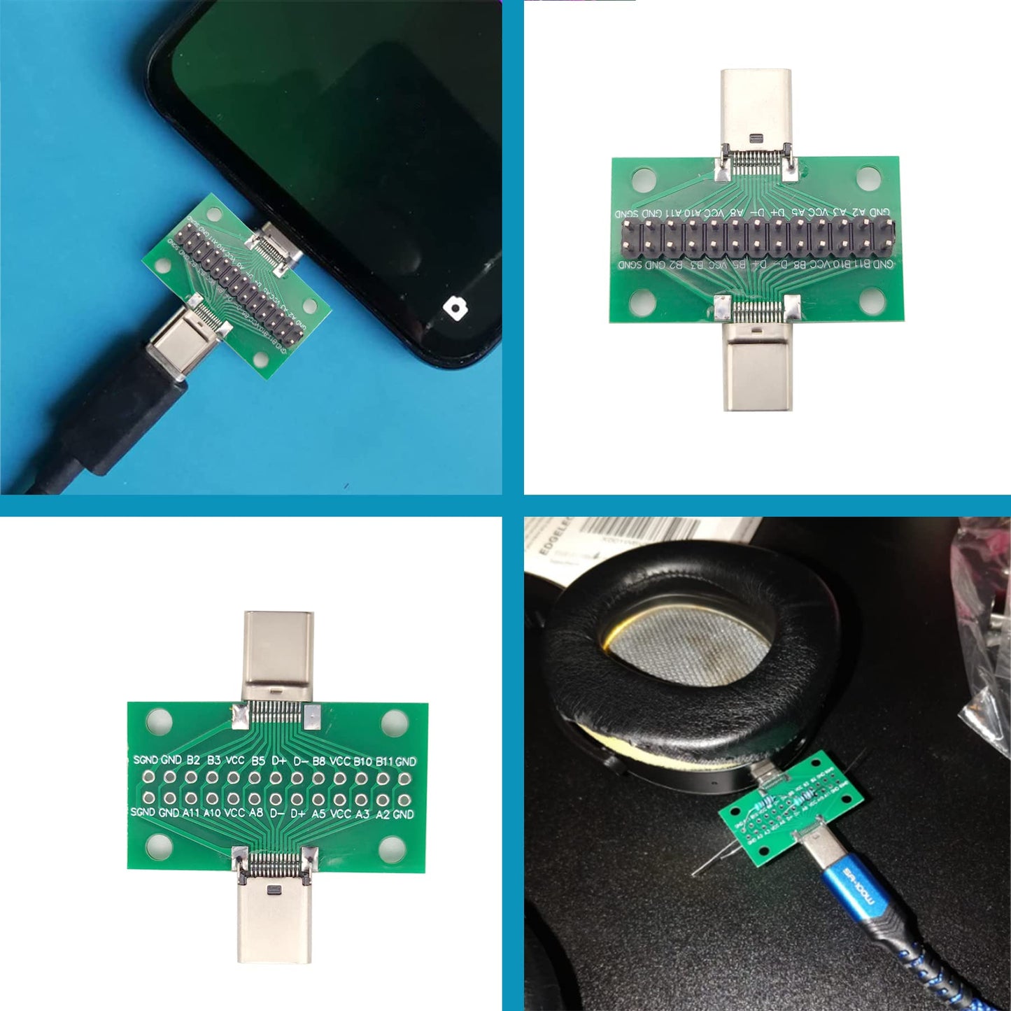 minidodoca 2 Pcs USB 3.1 Type-C Male to Female Test Board with PCB Board 24 Pins 2.54 mm Double-Sided Socket with Dupont Wire for Date Line Wire Cable