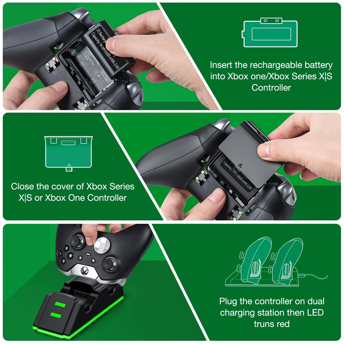 Rechargeable Battery Pack for Xbox Controller, 2X 1200mAh Rechargeable Batteries Pack for XboxSeries X/S/One X/S/Elite Controllers, High Speed