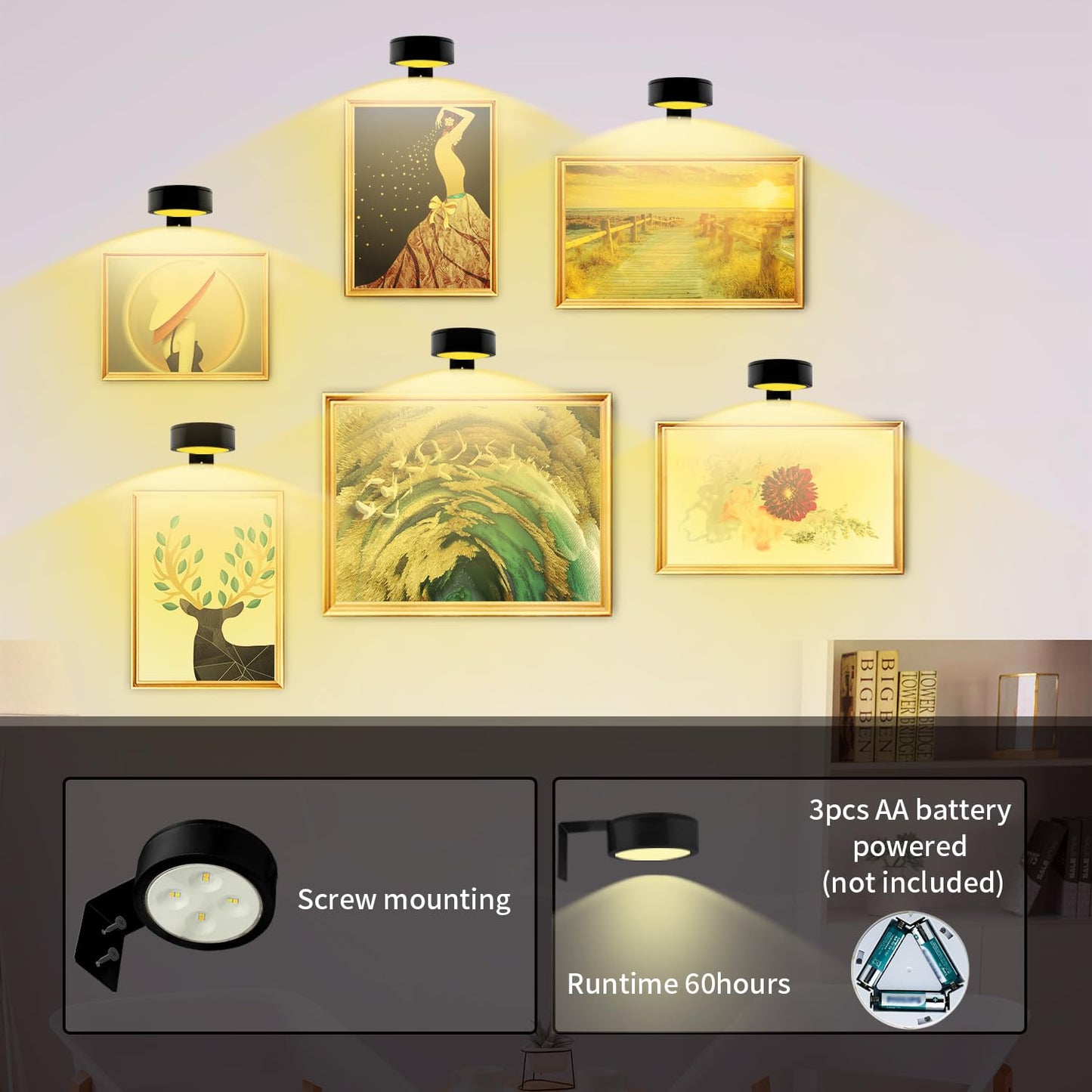 Arixinks 3PACK Picture Light Battery Operated with Remote, Painting Light for Wall Art with 3 Lighting Colors Dimmable, LED Art Display Accent Light