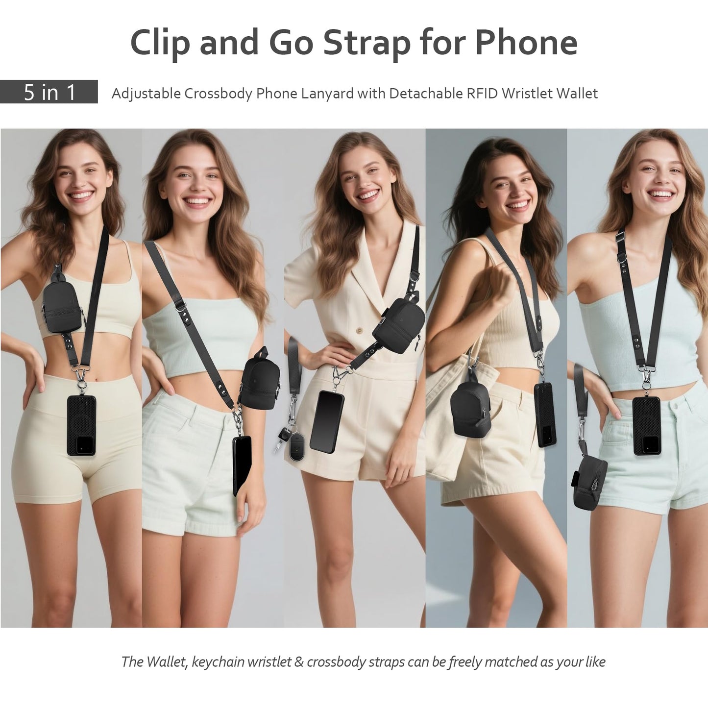 Xebslyti Phone Lanyard Clip and Go Strap for Phone with Crossbody Detachable RFID Mini Backpack Keychain Wristlet Pouch Adjustable Phone Strap