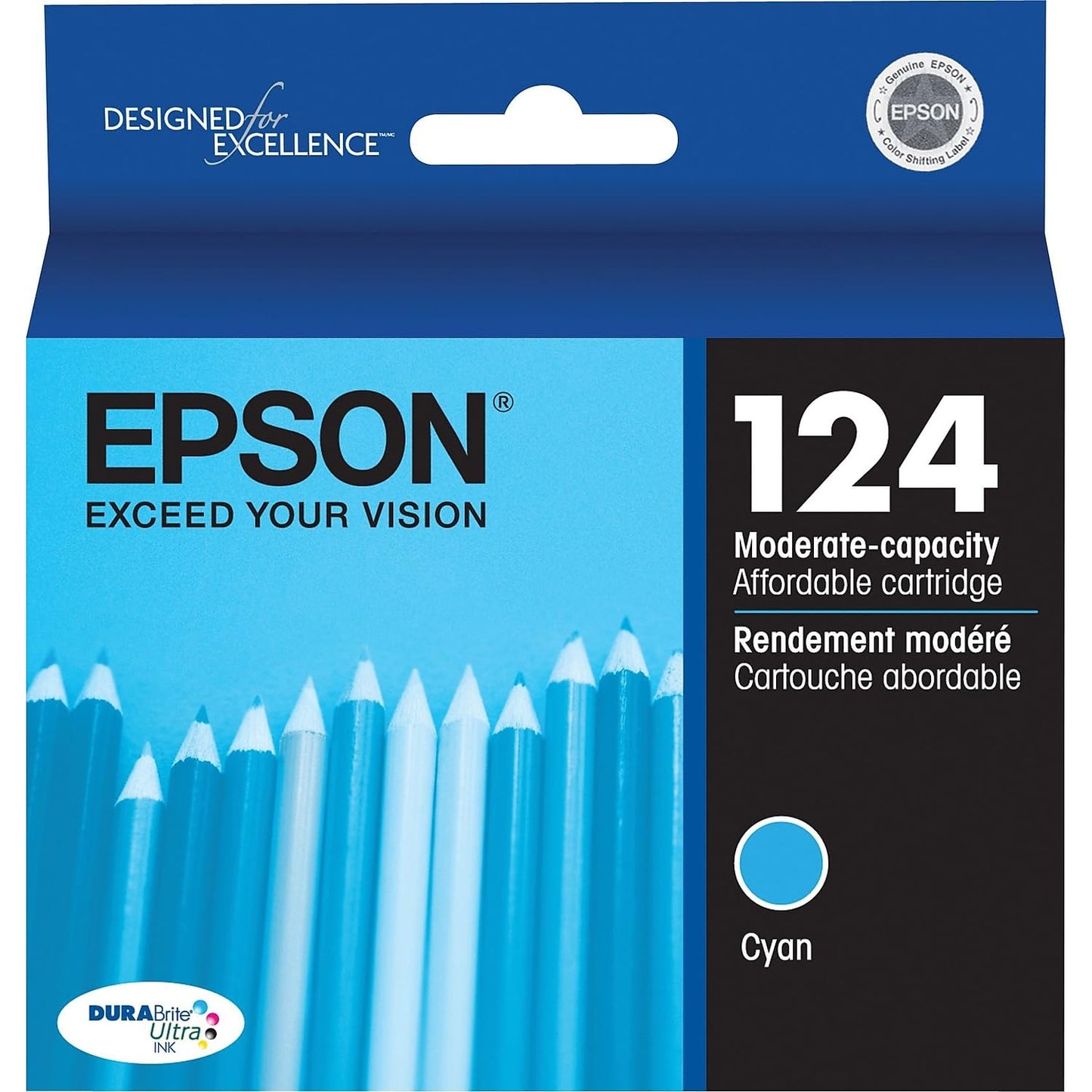 Epson T124 Cyan Standard Yield Ink Cartridge in Retail Packaging
