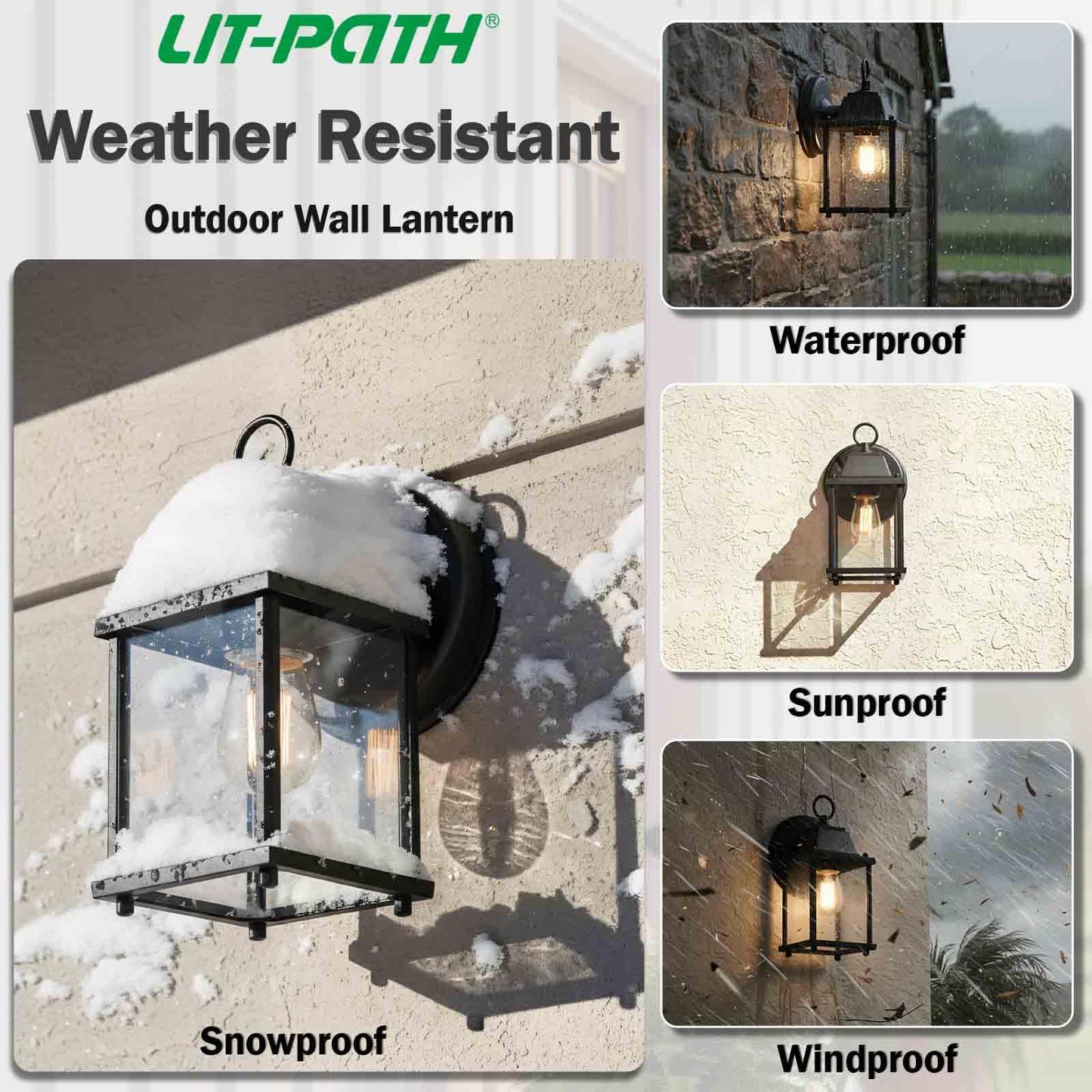 LIT-PaTH Outdoor Wall Lantern, Wall Sconce as Porch Lighting Fixture, E26 Base, Aluminum Housing Plus Glass, Water-Proof and Outdoor Rated, ETL