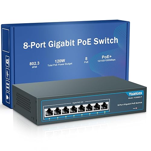 YuanLey 8 Port Gigabit PoE Switch, 8 PoE+ Ports 1000Mbps, 120W 802.3af/at, Metal Fanless Unmanaged Plug and Play