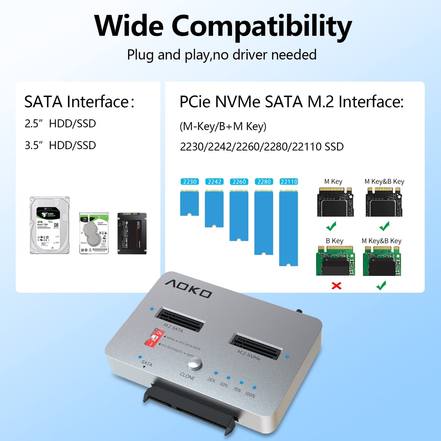 AOKO M.2 Duplicator SATA to NVMe SSD Cloner Docking Staion for NVMe + M.2 NGFF and 2.5" /3.5" SATA SSD/HDD Converter and Reader Bidirectional Offline