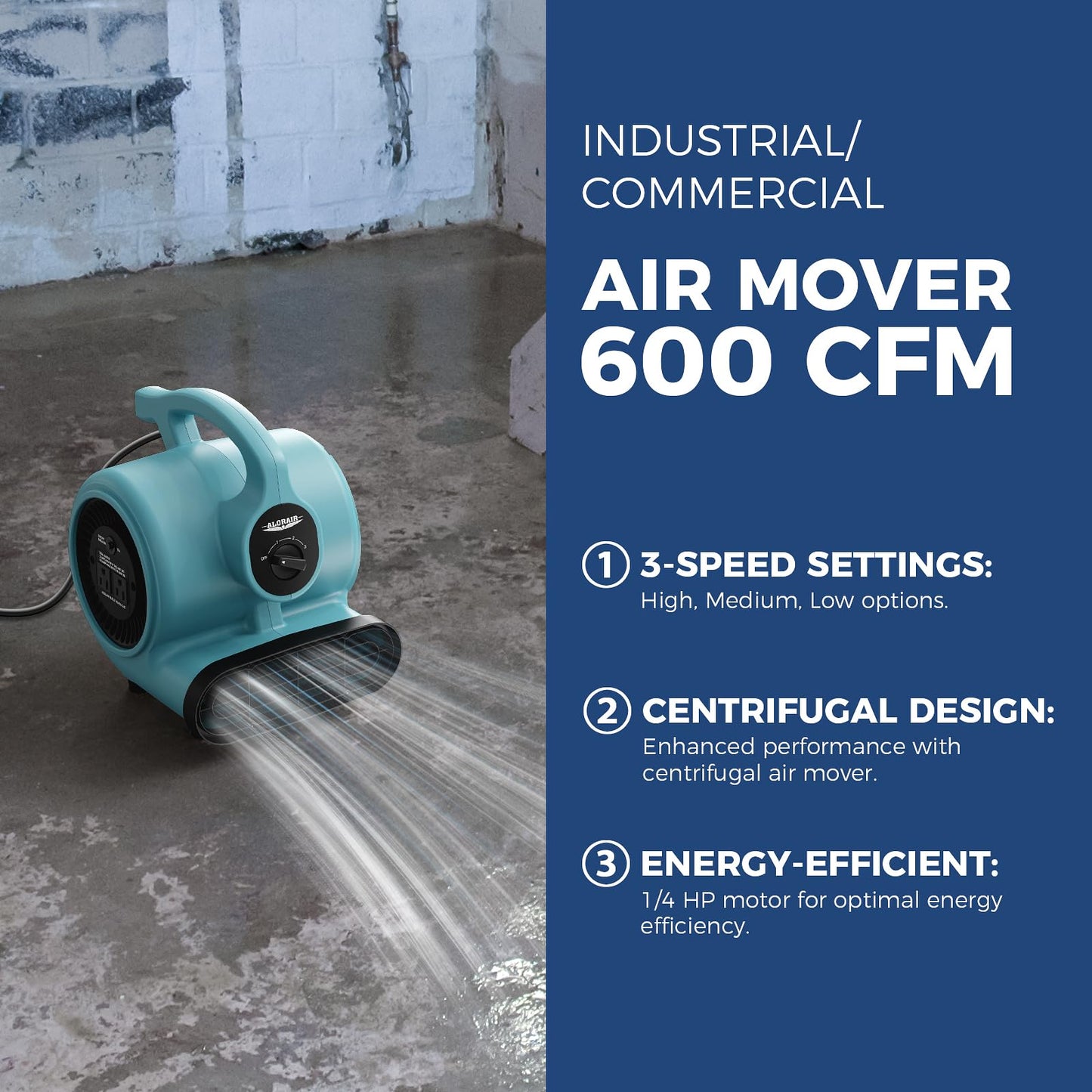 ALORAIR 3 Speed Air Mover Blower Fan 115W 600CFM Utility Floor Fan - Blue