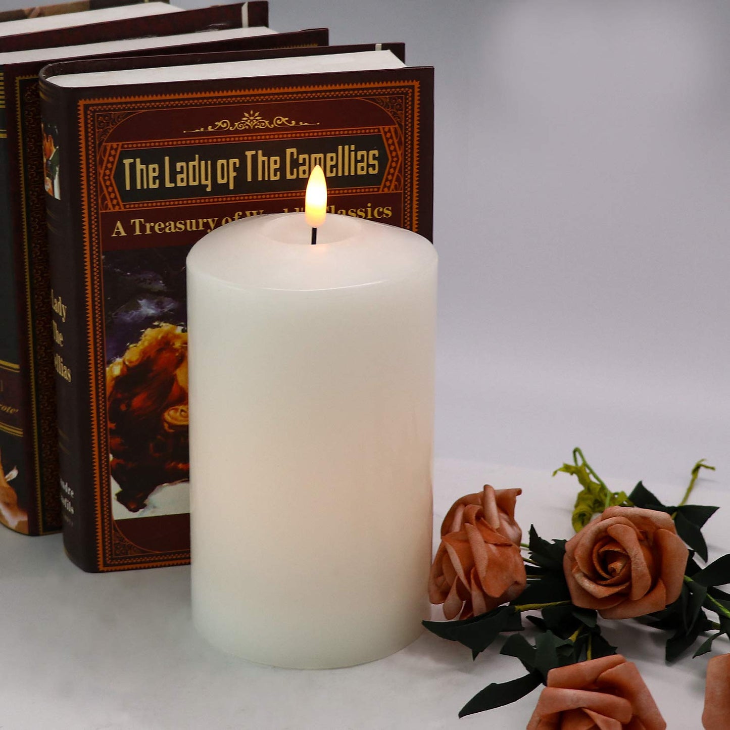 Eldnacele Large Flameless Flickering Candles White 3D Realistic Black Wick with Timer, 4” X 7.5” Battery Operated Real Wax Pillar Candles Warm White