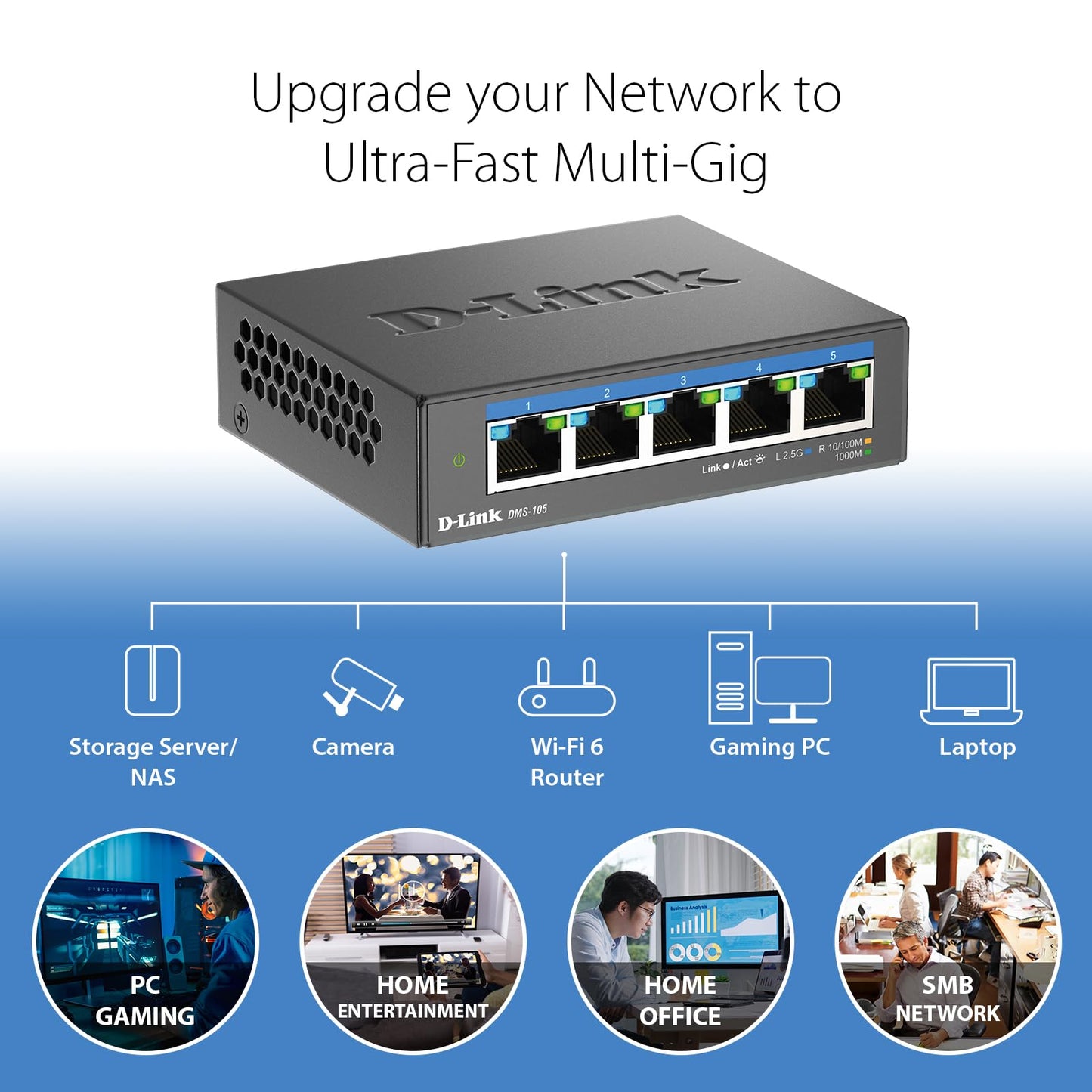 D-Link 5-Port 2.5GB Unmanaged Gaming Switch with 5 x 2.5G - Multi-Gig, Network, Fanless, Plug & Play (DMS-105/RE) (Renewed)