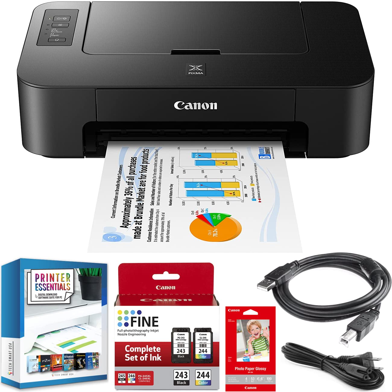 Canon (Refurbished PIXMA TS202 Inkjet Printer for Documents and Photos Up to 4800 x 1200 dpi w/Complete Set of Full-Size Ink Cartridges Bundle w/DGE