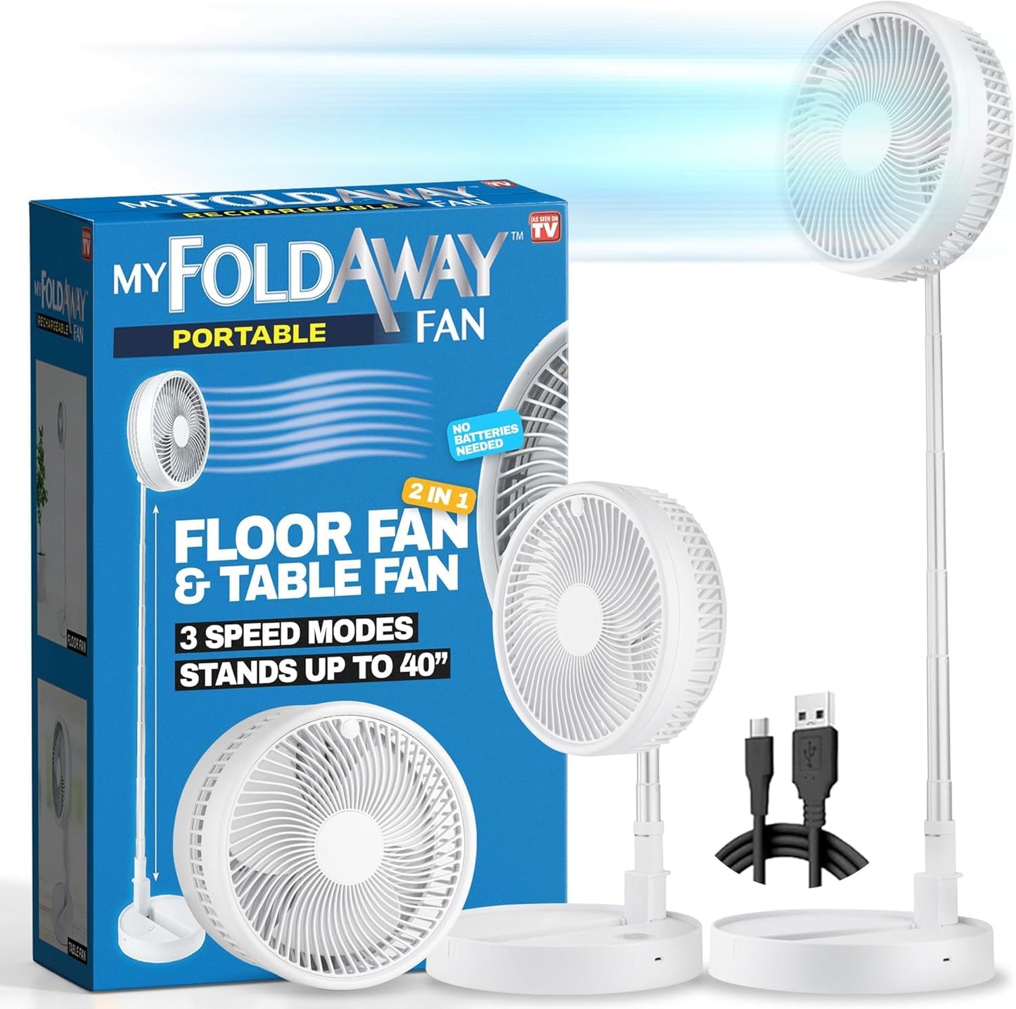 My Foldaway Rechargeable Fan Portable, Portable Fan Extends from 4-40", Travel Fan for Sleeping, Collapsible Desk Fan, Quiet, 10 Hour Battery Life, 3