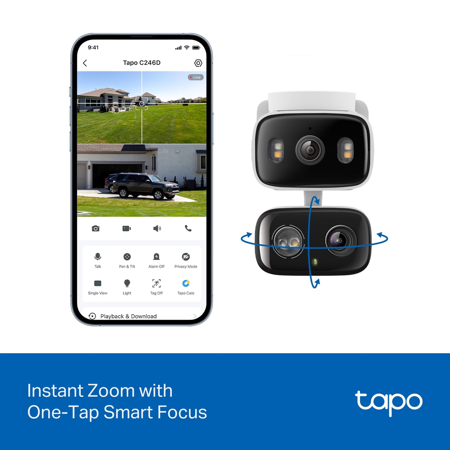 Tapo 2K Indoor/Outdoor Dual Lens Pan/Tilt Wired Security Camera - 125° Wide-Angle View + 6mm Zoom, Motion Track, Person/Vehicle Detection