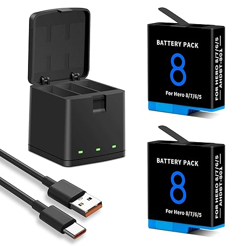 1500mAh 2-Pack Battery Compatible for Hero 8/7/6/5 Black Official with 3-Channel LED USB and Type-C Fast Storage Charger Box, Compatible with Hero 8