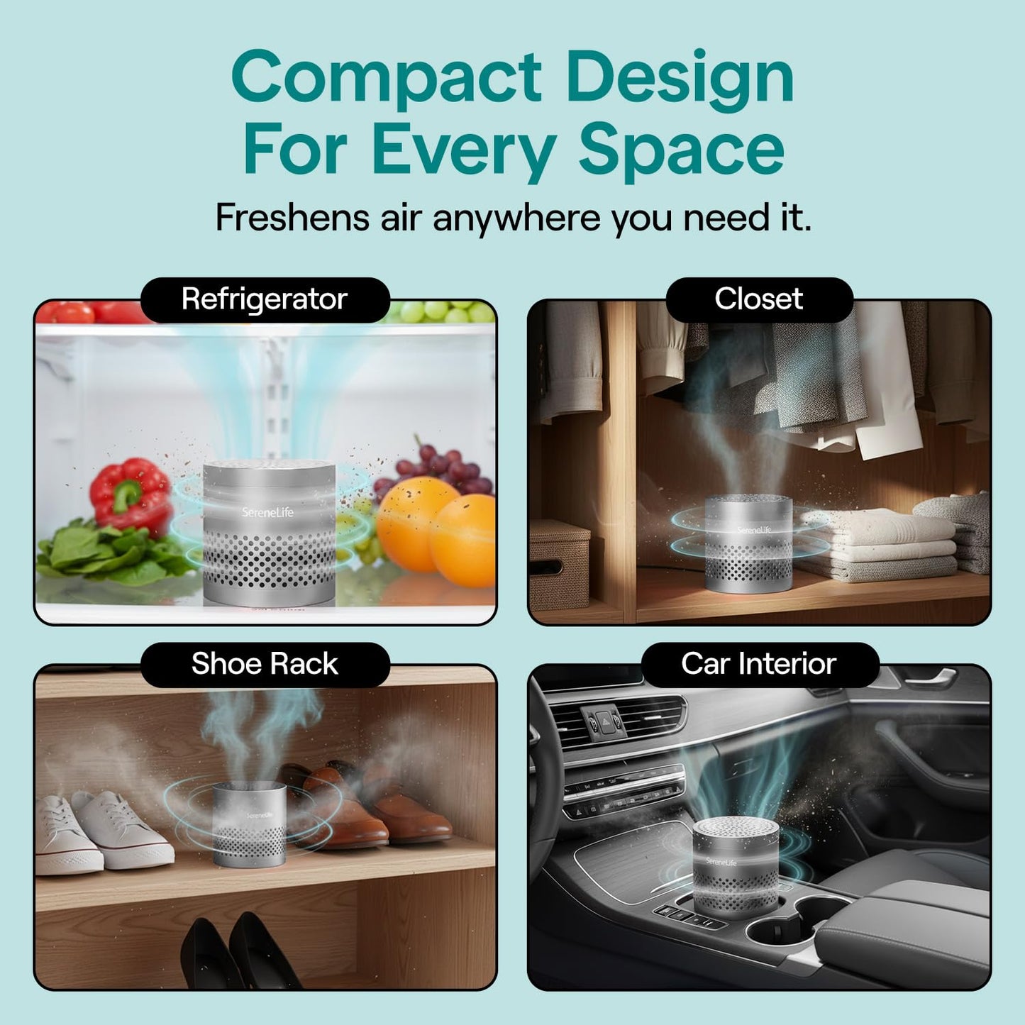 SereneLife Fridge Deodorizer & Odor Eliminator, Multi-Use Refrigerator Deodorizer Aluminum Pod for Freezer, Closet, Car, Shoes & Enclosed Spaces